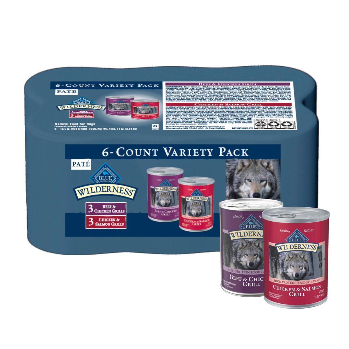 Blue Buffalo Wilderness, face de l emballage montrant le pack varié sans cereales.