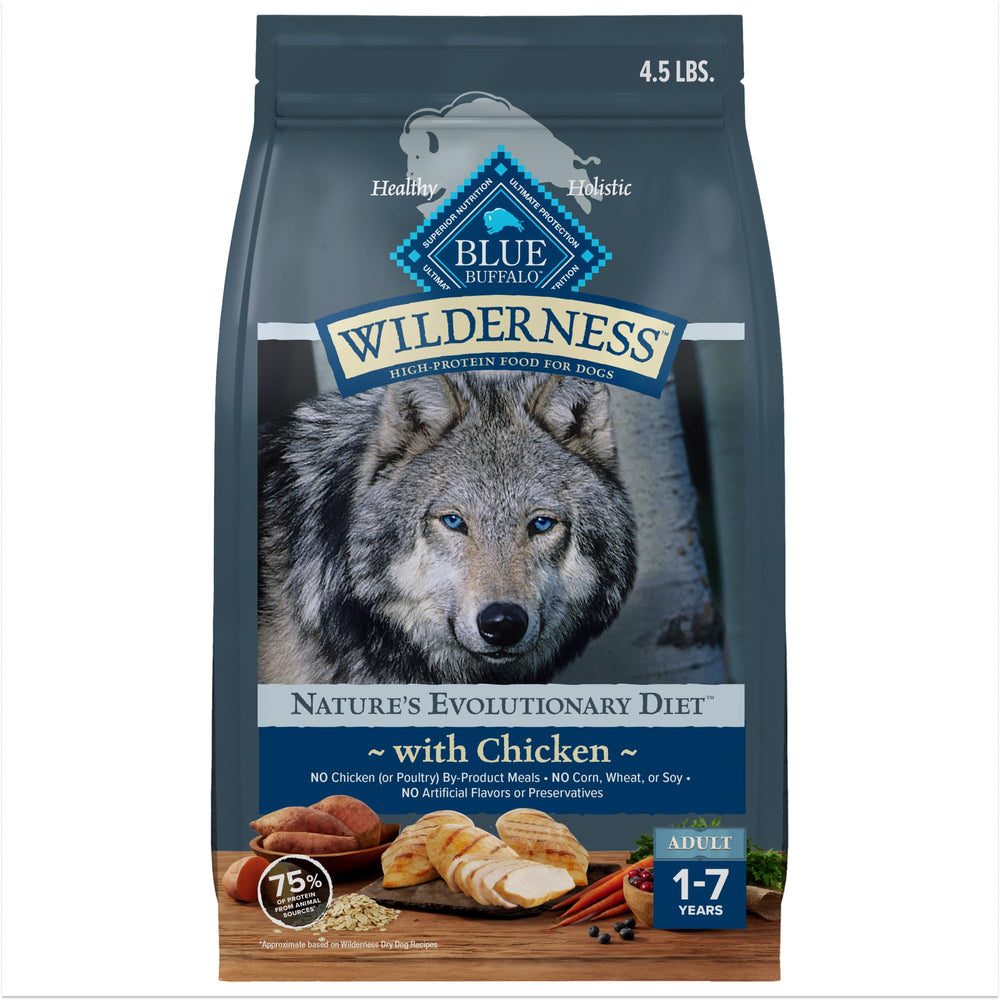 Blue Buffalo Wilderness croquettes au poulet pour chien adulte, protéines essentielles.