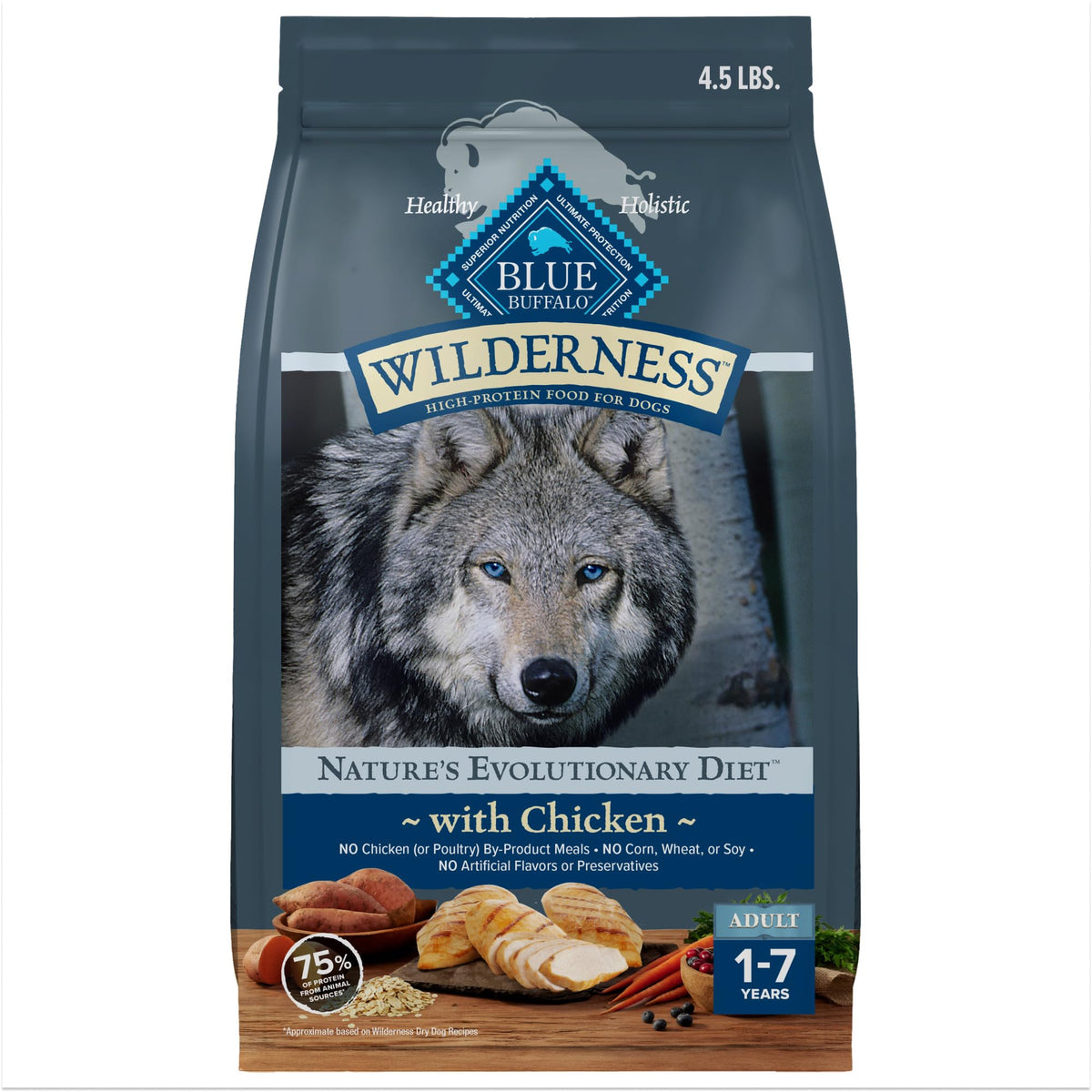 Blue Buffalo Wilderness croquettes au poulet pour chien adulte, protéines essentielles.
