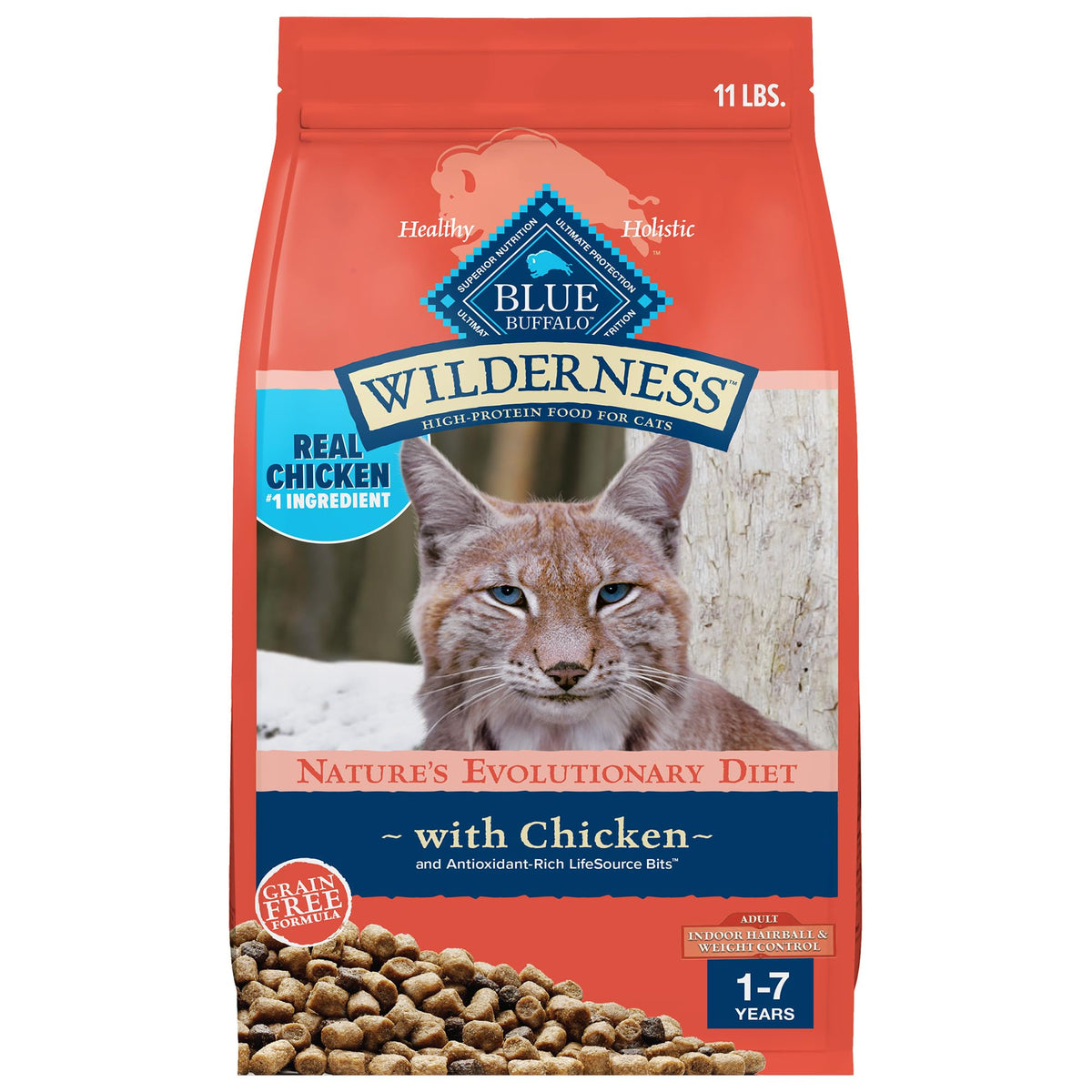 Blue Buffalo Wilderness: poulet entier en premier ingrédient, saveur riche et naturelle.