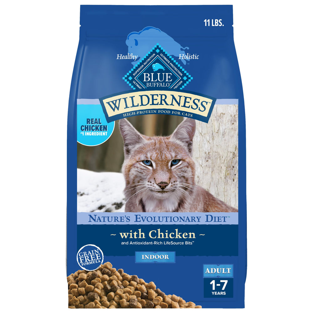 Blue Buffalo Wilderness croquettes au poulet, premier ingrédient, pour l'énergie du chat adulte.