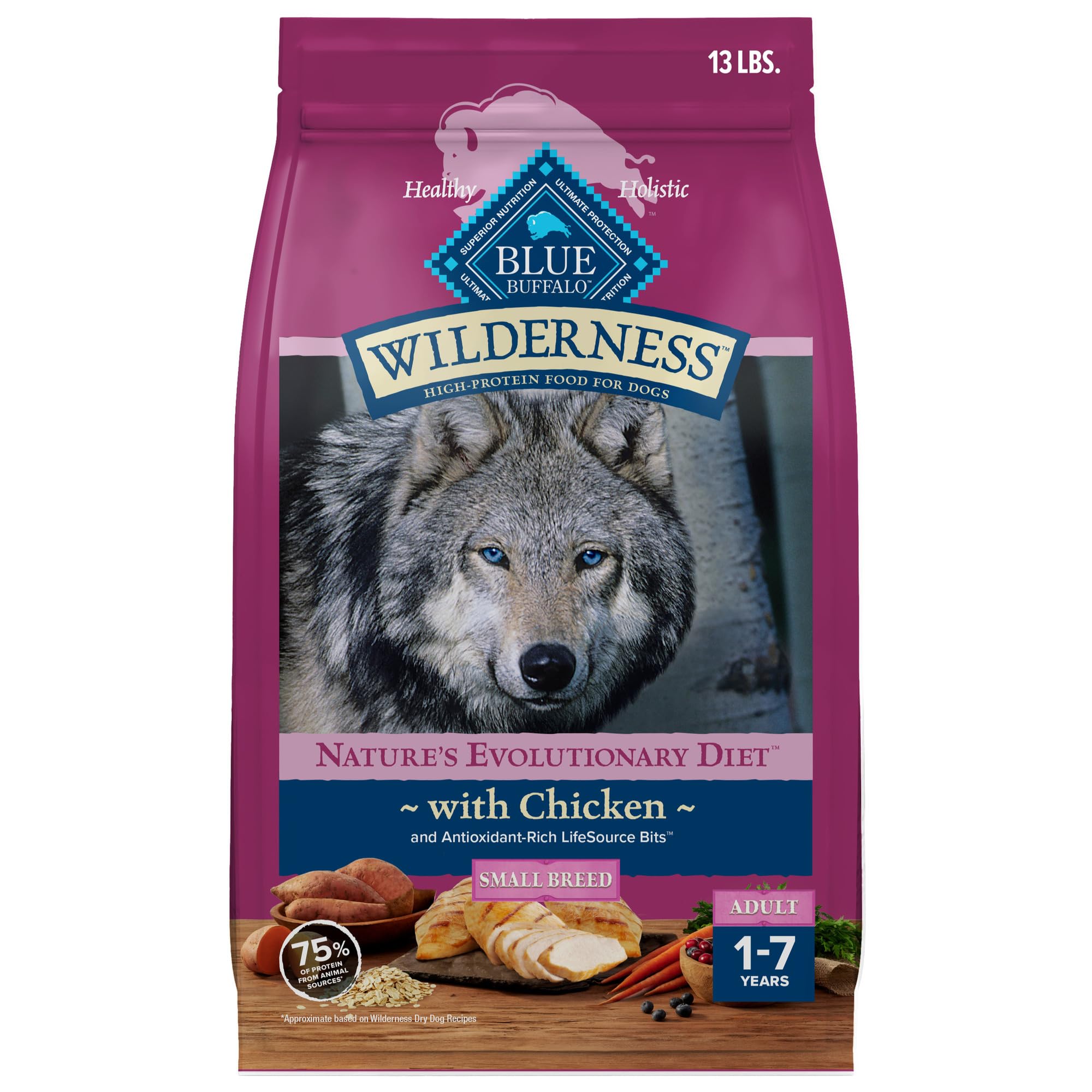 Blue Buffalo Wilderness poulet premier ingrédient pour muscles et énergie.