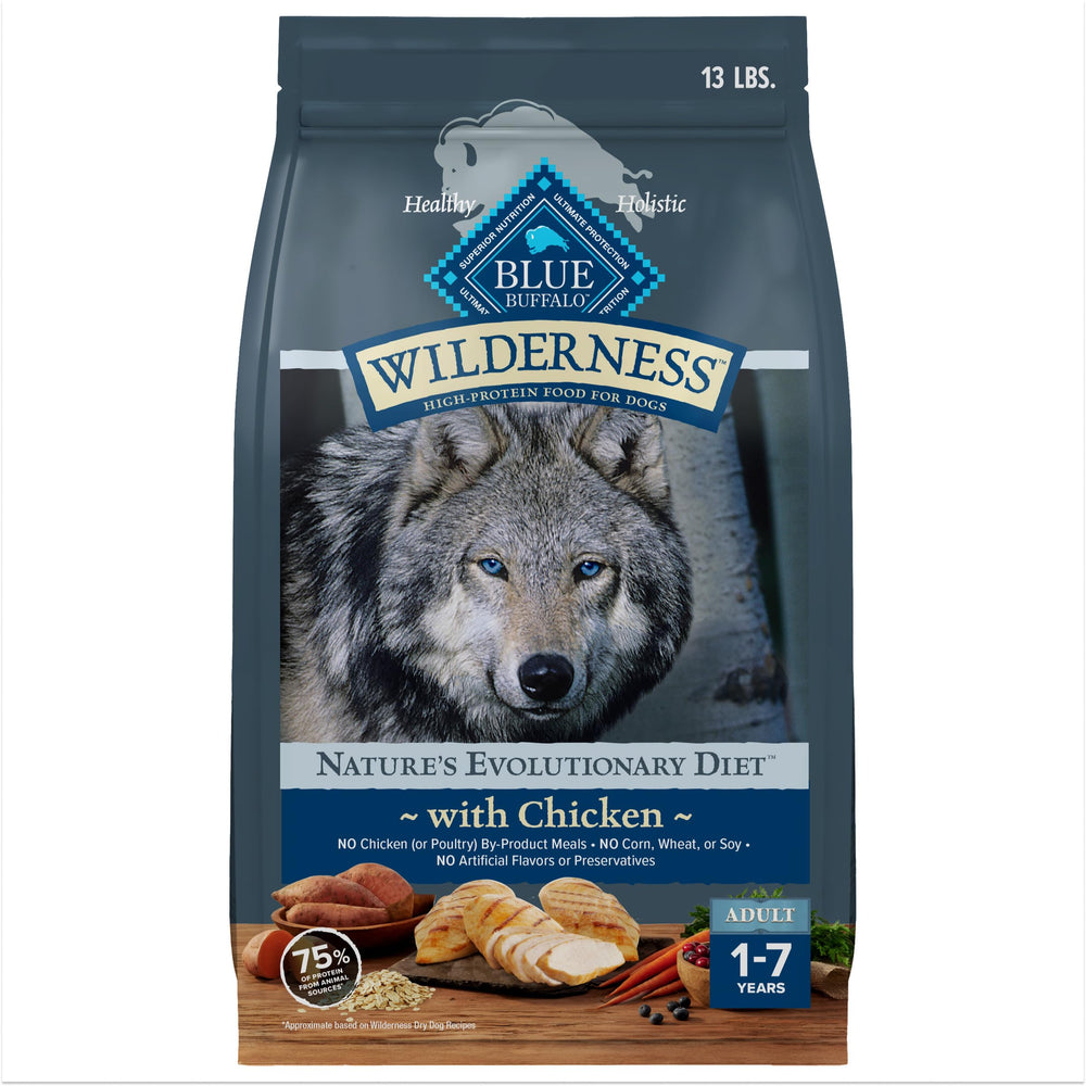 Blue Buffalo Wilderness poulet premier ingrédient pour une nutrition naturelle.