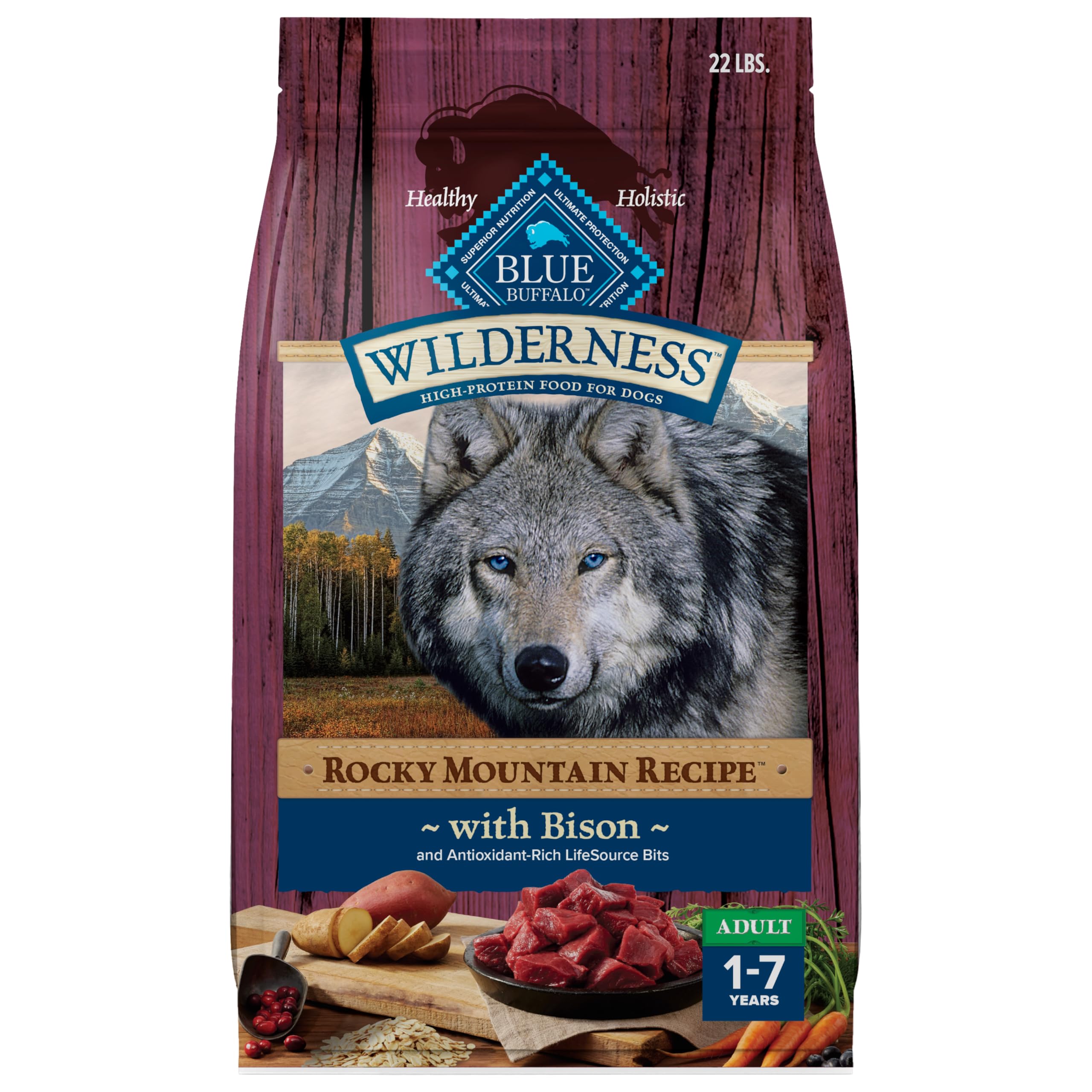 Blue Buffalo Wilderness premier ingrédient bison, protéine complète pour chien.