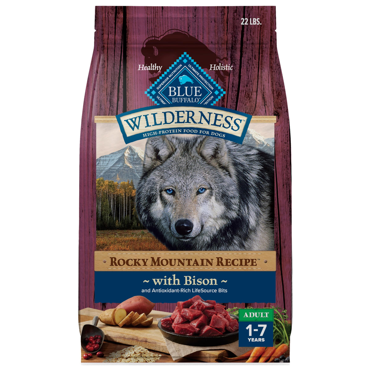 Blue Buffalo Wilderness premier ingrédient bison, protéine complète pour chien.