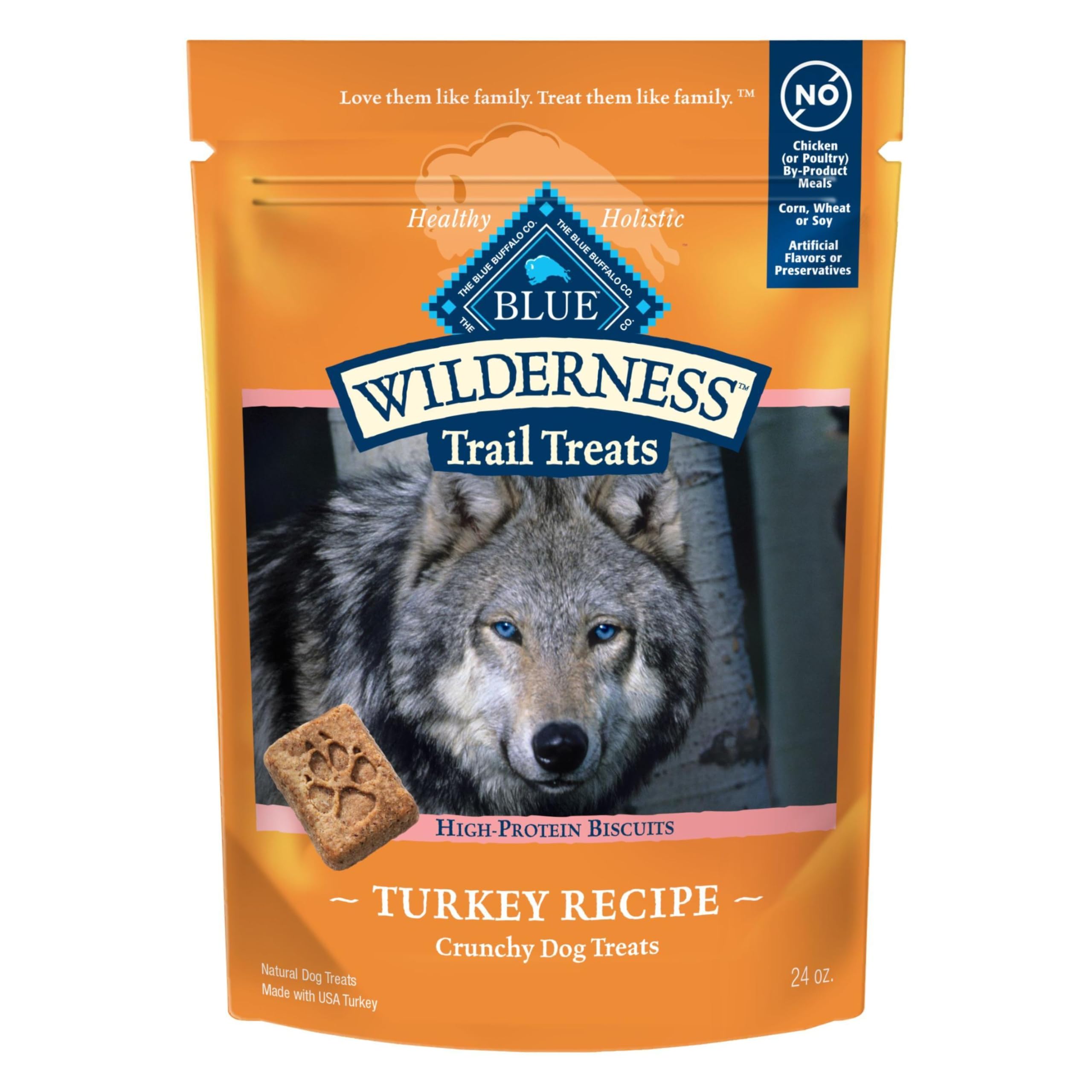 Blue Buffalo Wilderness Trail Treats, premier ingrédient dinde, pour chiens actifs.