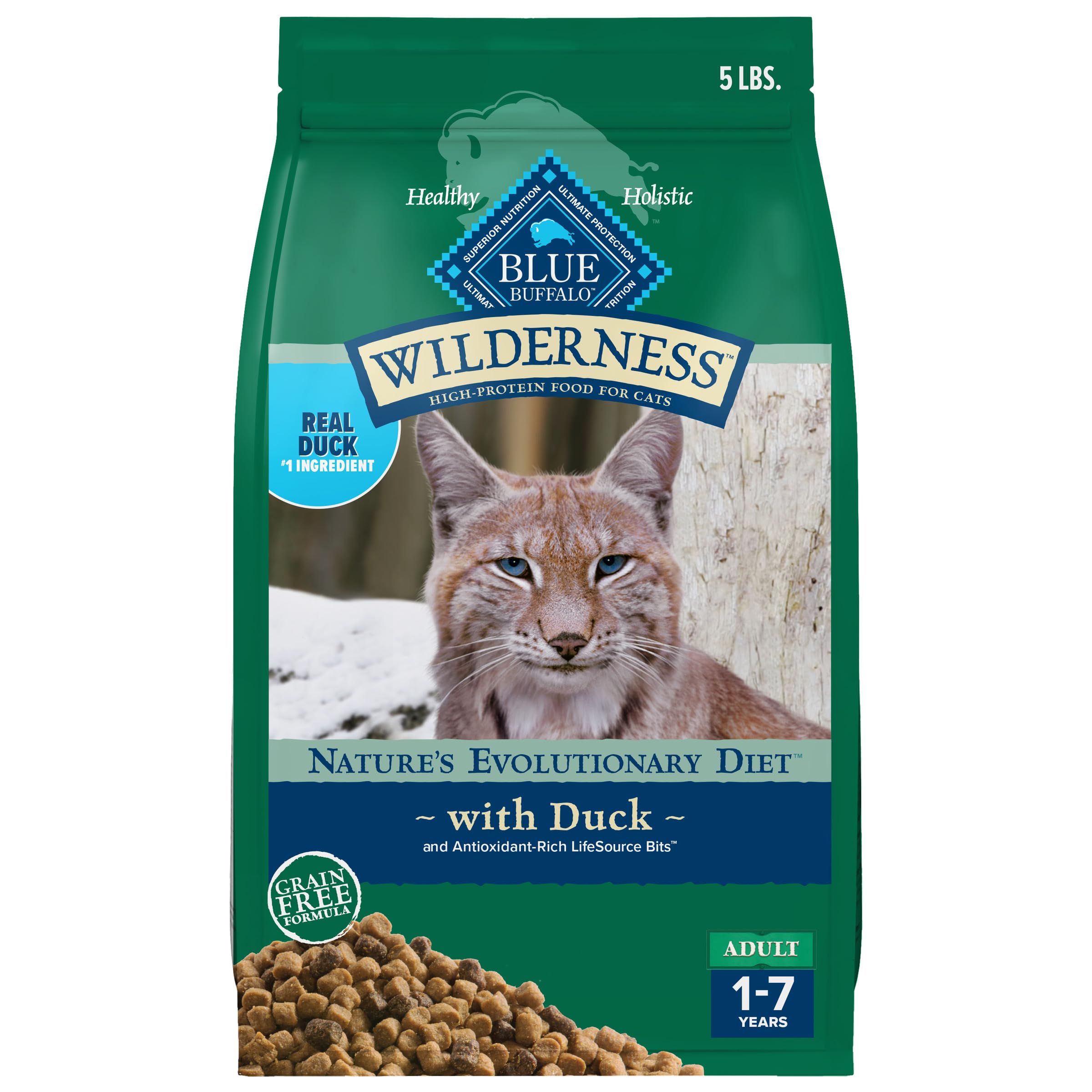 Blue Buffalo Wilderness premier ingrédient canard dans les croquettes riches en protéines.