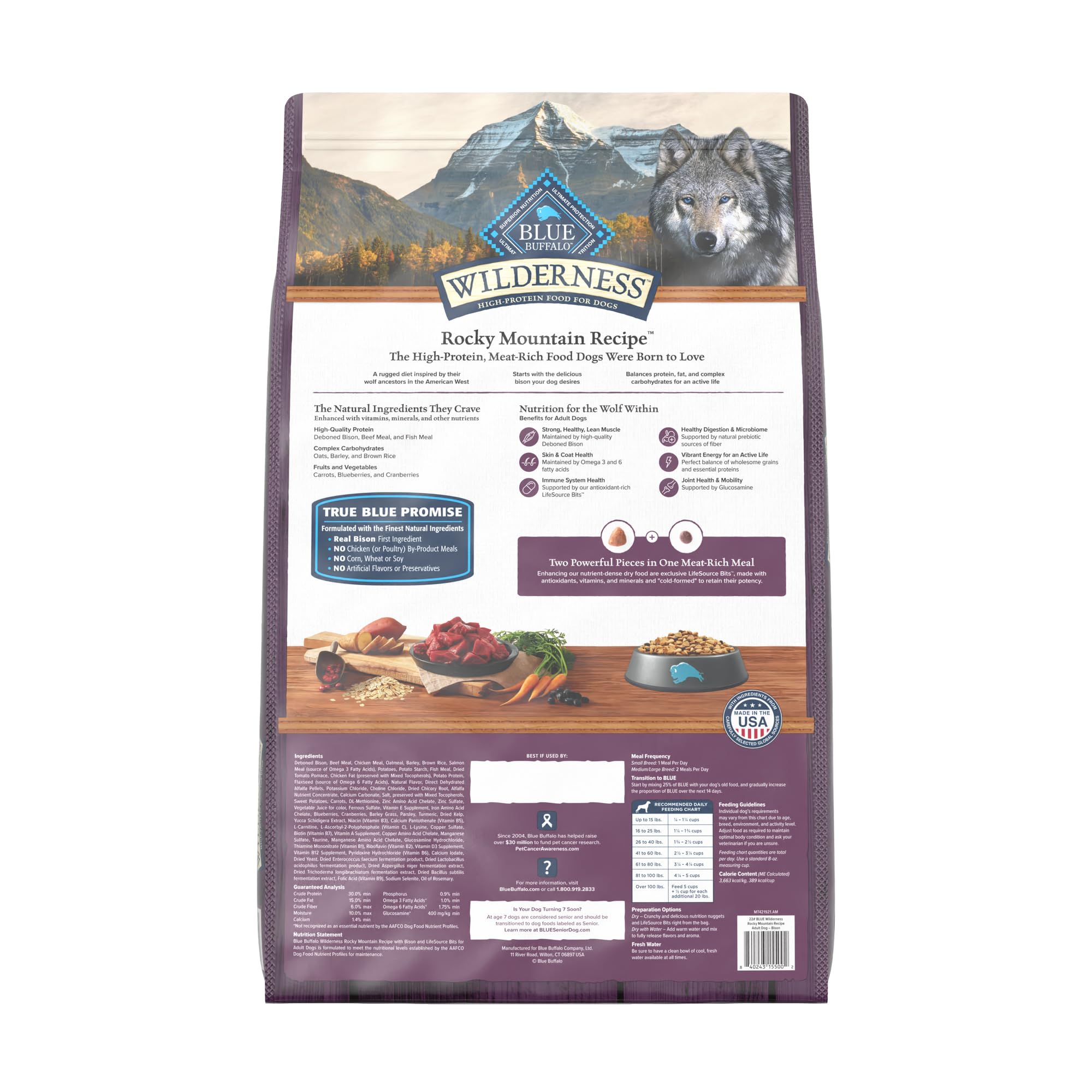 Blue Buffalo Wilderness protéines et glucides soutenant énergie quotidienne du chien.