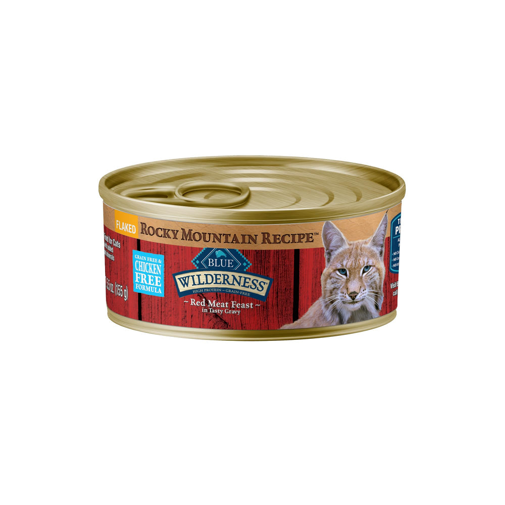 Blue Buffalo Wilderness Rocky Mountain – emballage montrant ingrédients naturels pour chat actif.