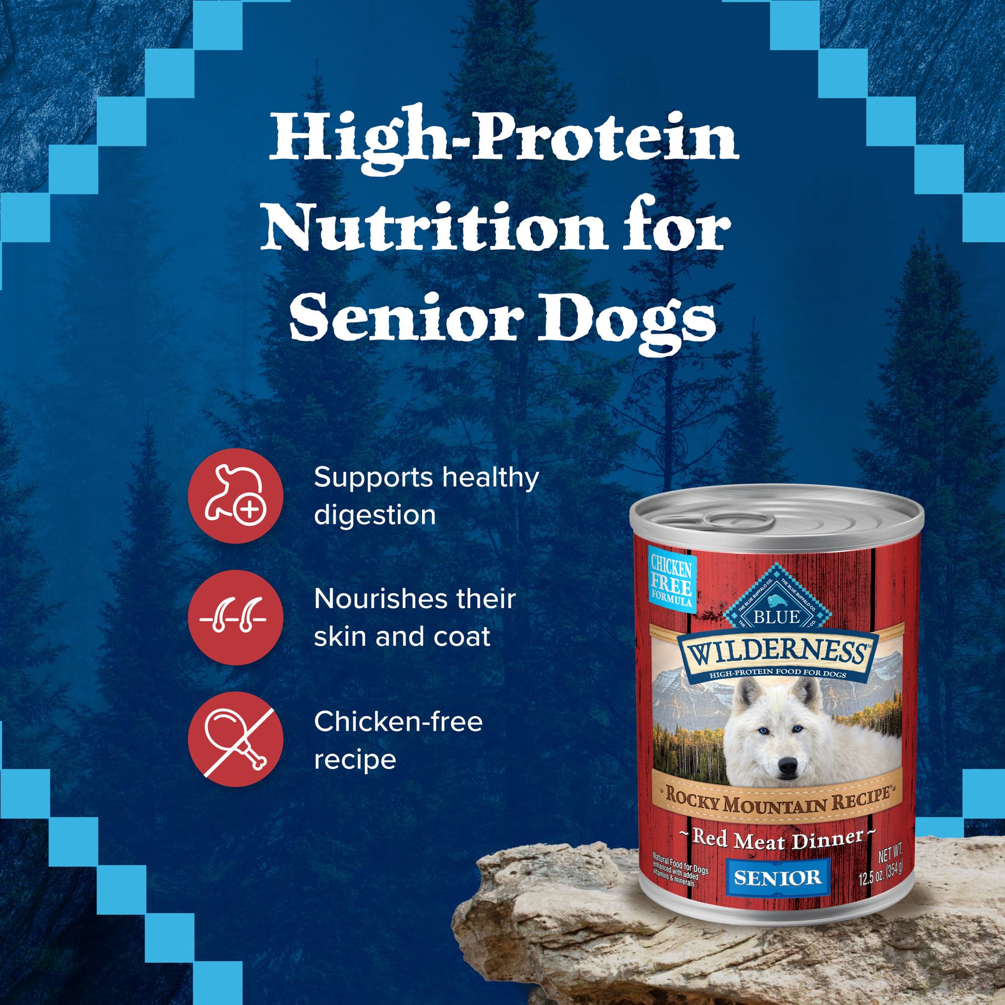 Blue Buffalo Wilderness Rocky Mountain Senior – sans céréales, formule grain-free.
