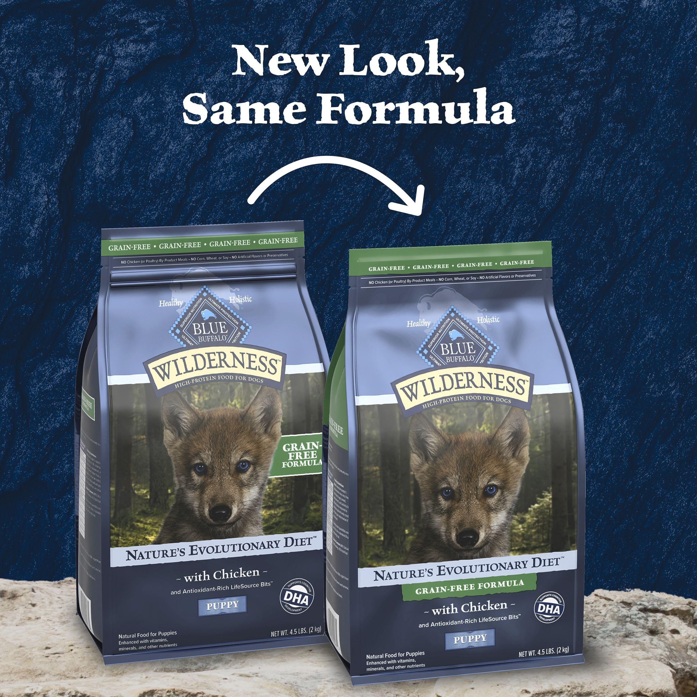 Formule sans céréales Blue Wilderness adaptée aux chiots sensibles.