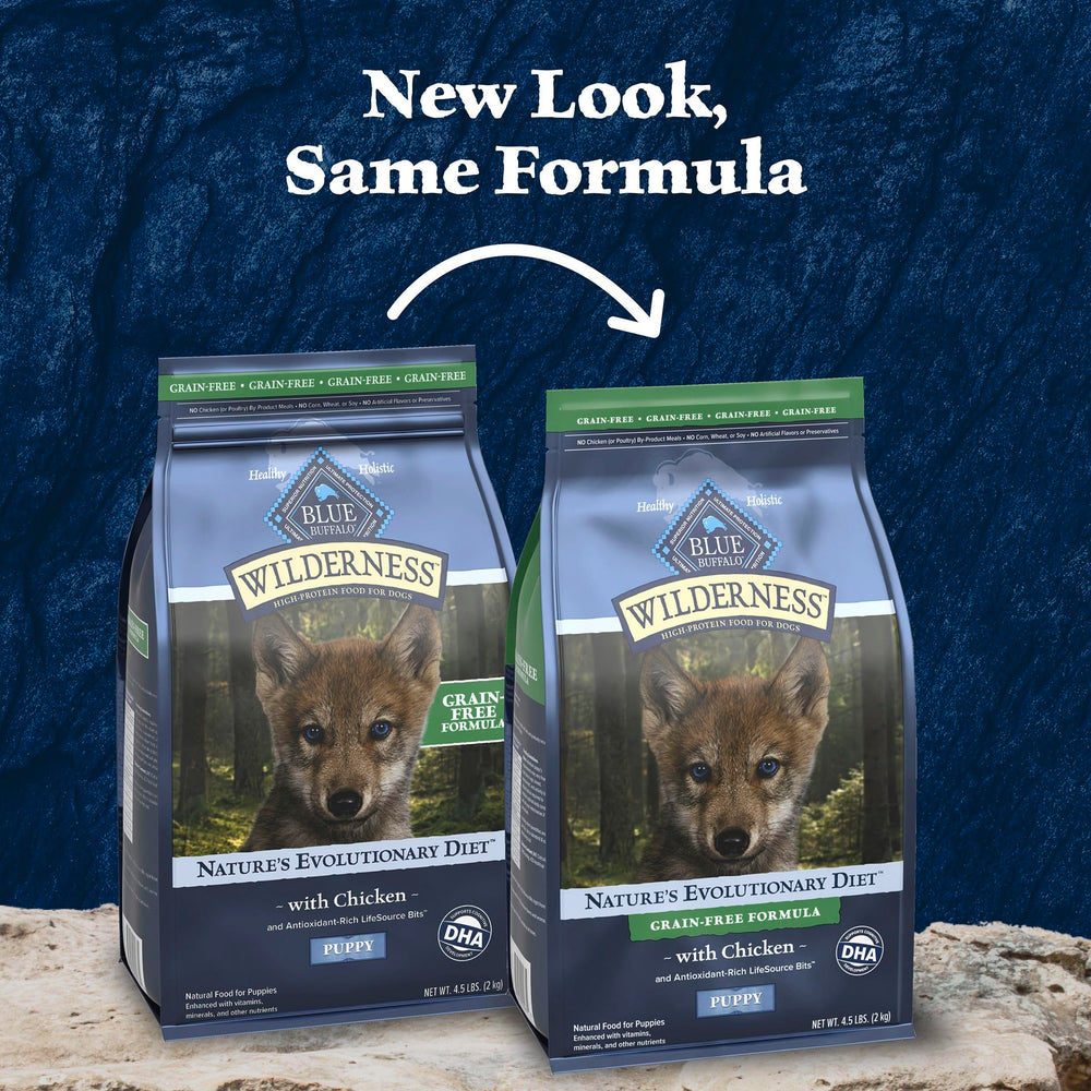 Formule sans céréales Blue Wilderness adaptée aux chiots sensibles.