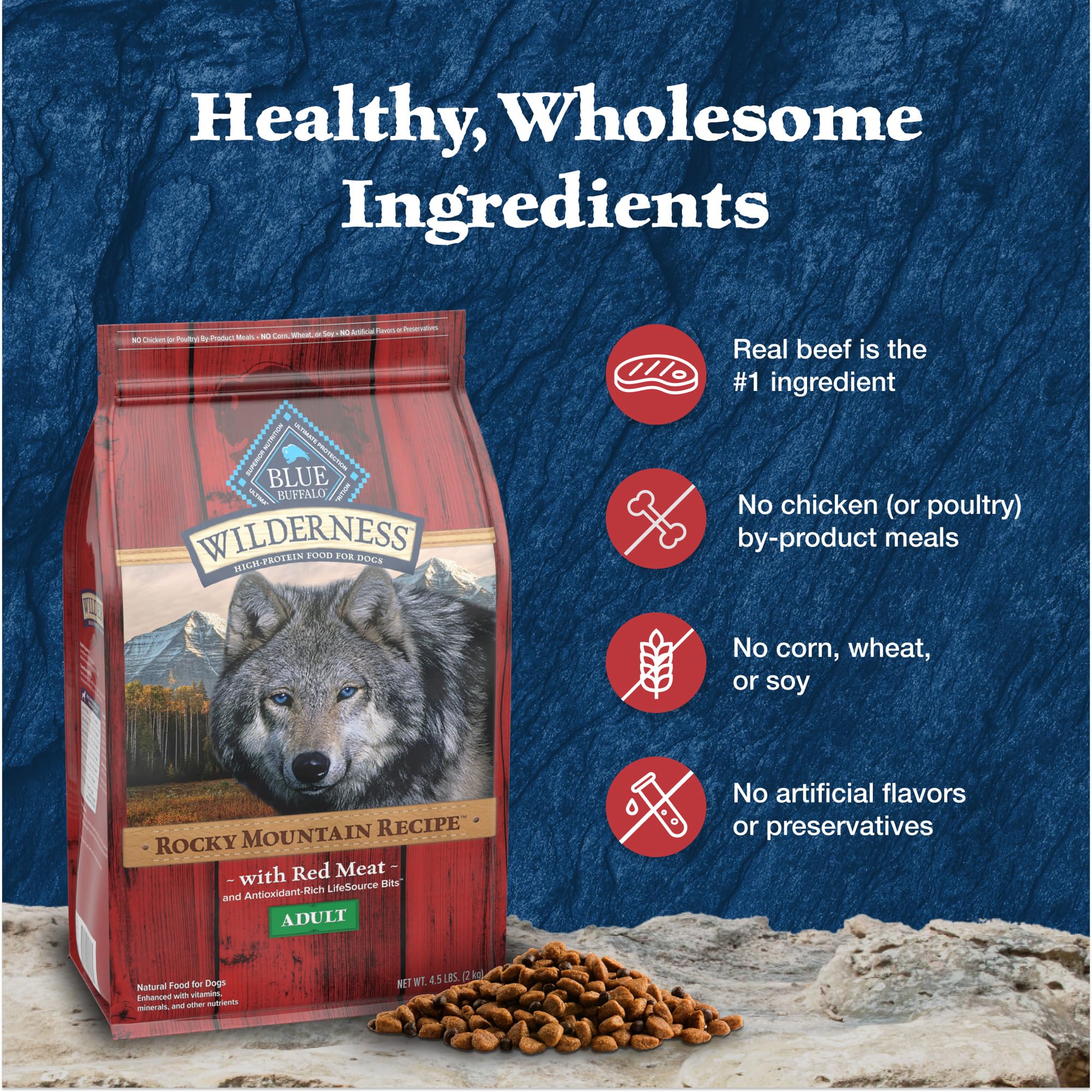 Blue Buffalo Wilderness sans maïs, blé et soja pour une nutrition plus simple.