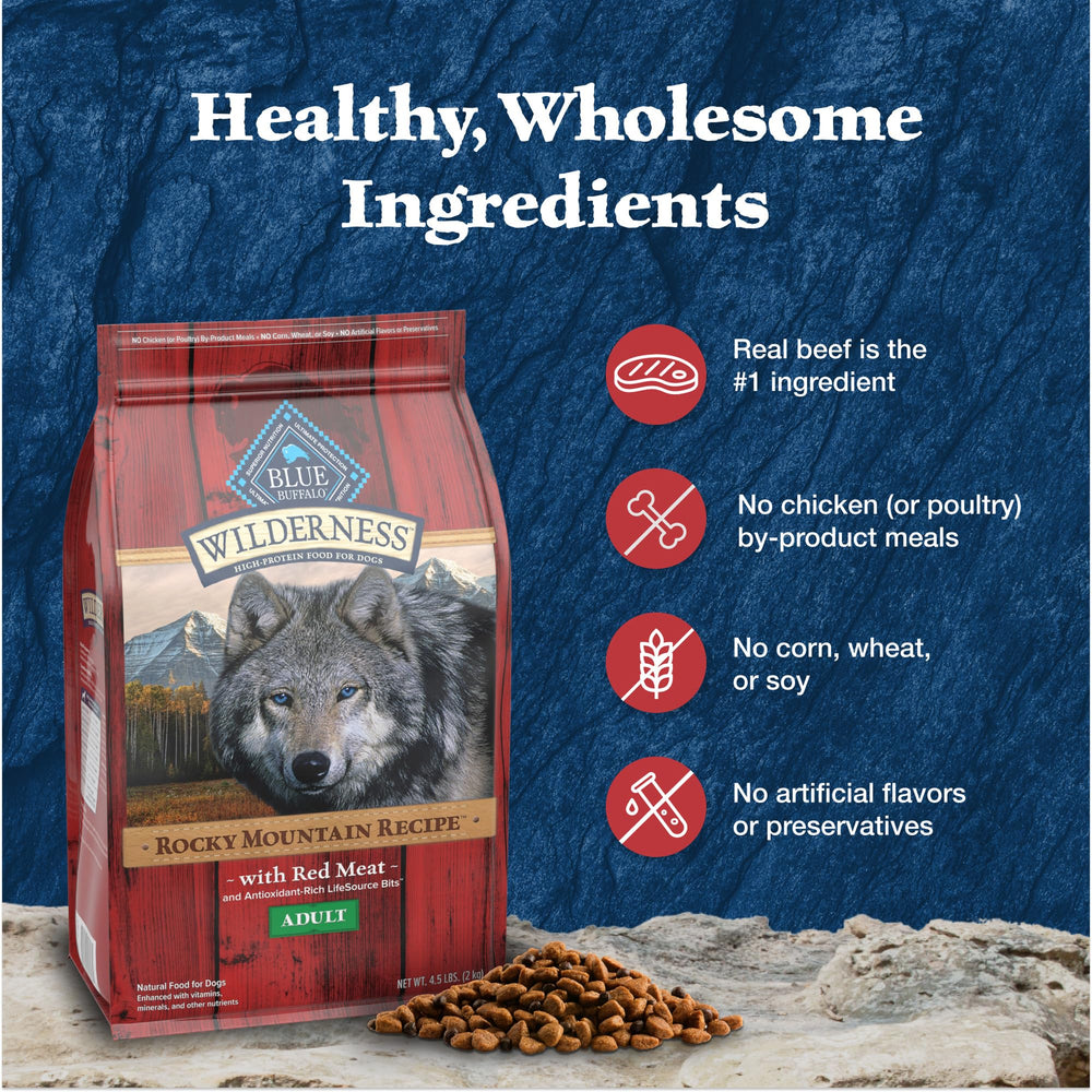 Blue Buffalo Wilderness sans maïs, blé et soja pour une nutrition plus simple.