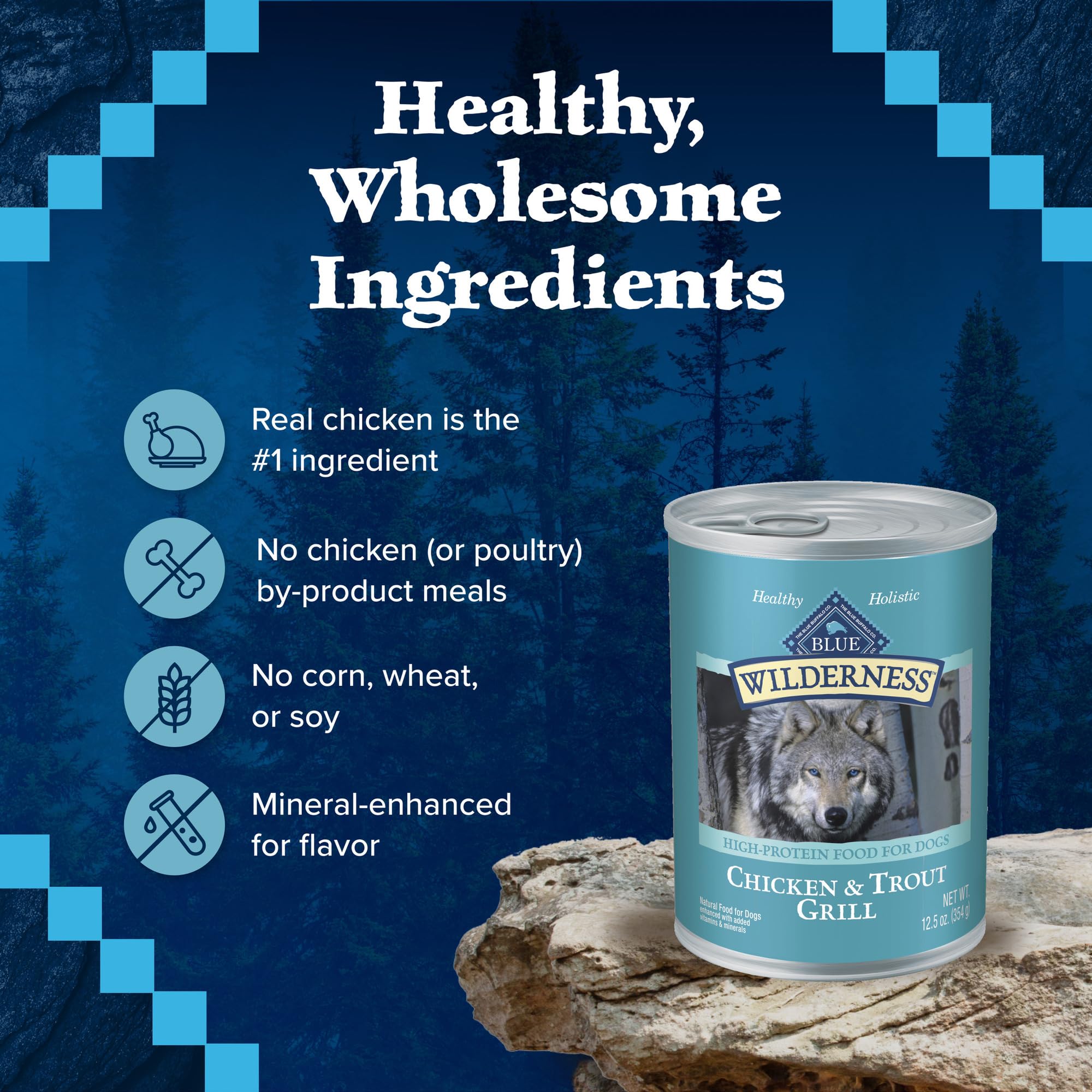 Blue Buffalo Wilderness contient douze boîtes de 12,5 oz chacune.