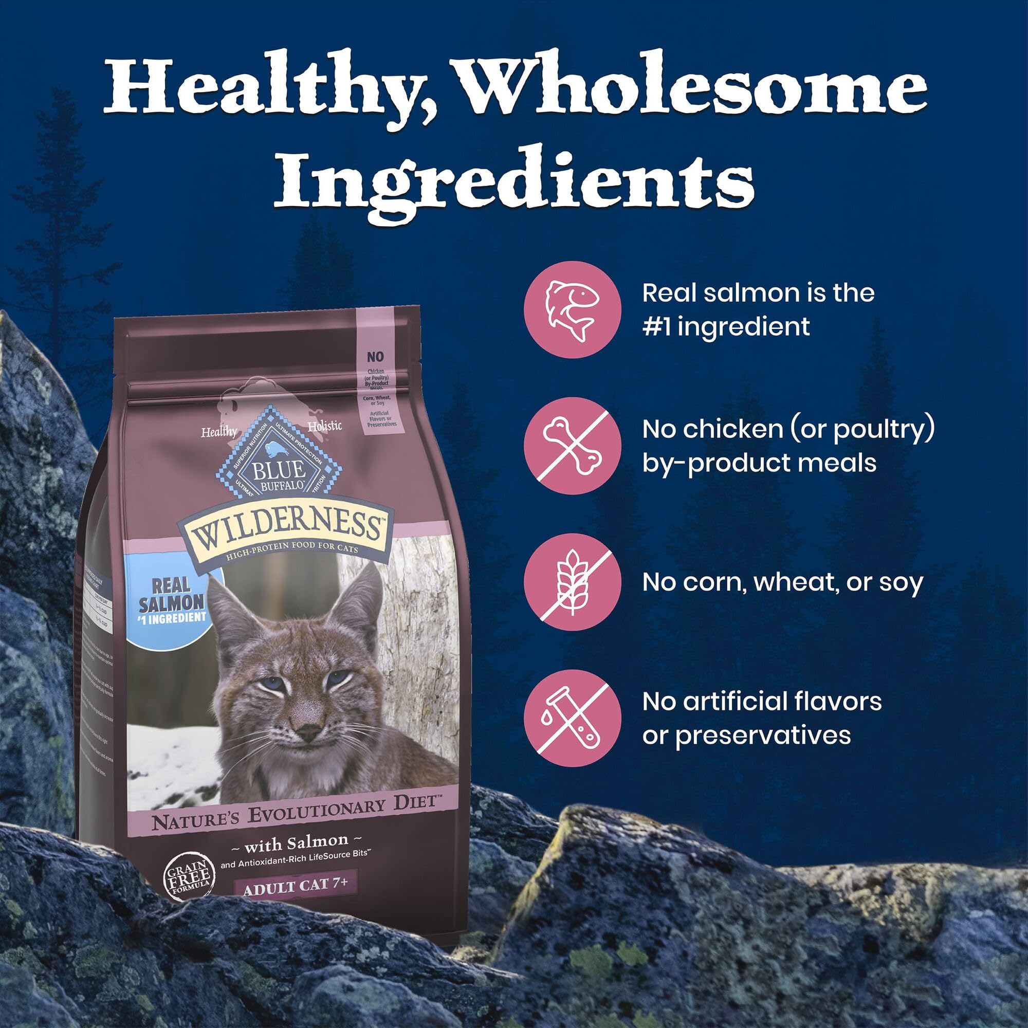 Blue Buffalo Wilderness saumon comme ingrédient principal offre saveur et protéines.