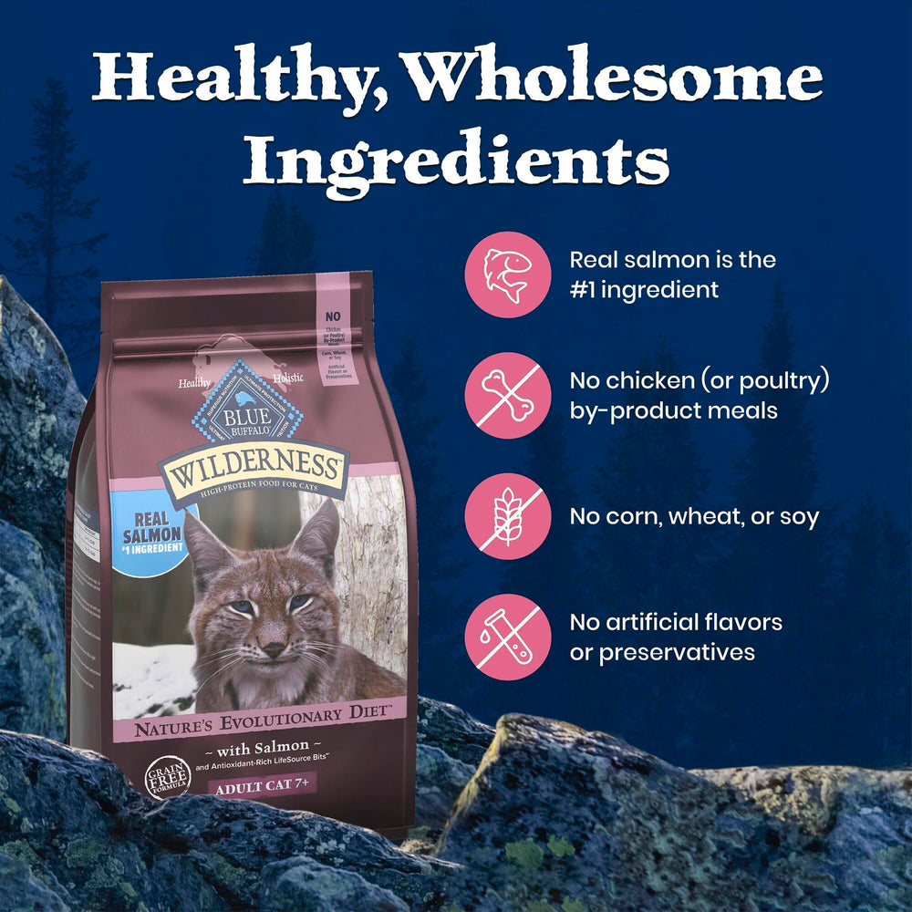 Blue Buffalo Wilderness saumon comme ingrédient principal offre saveur et protéines.