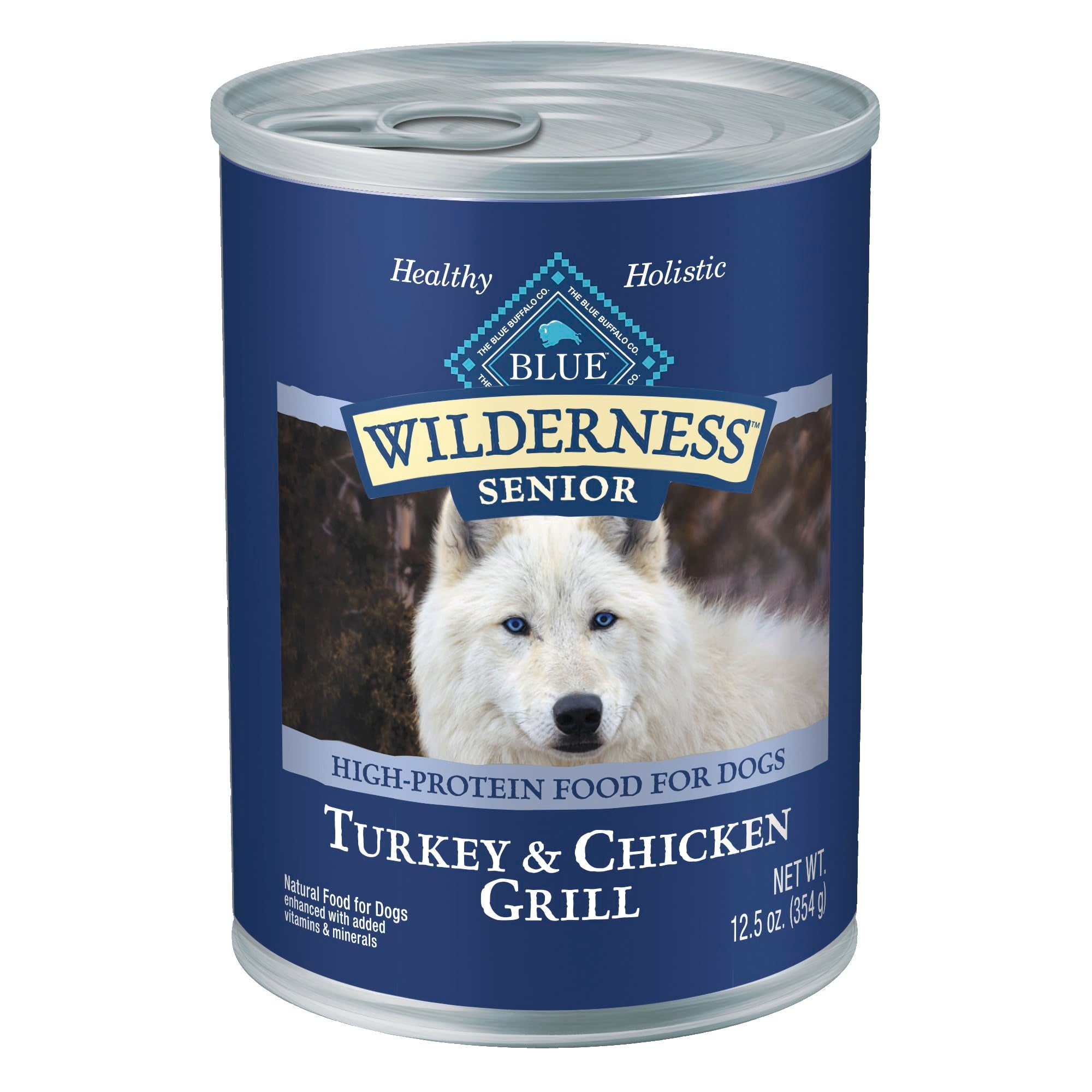 Blue Buffalo Wilderness pour chiens âgés : conserve dinde et poulet, soutien énergie.