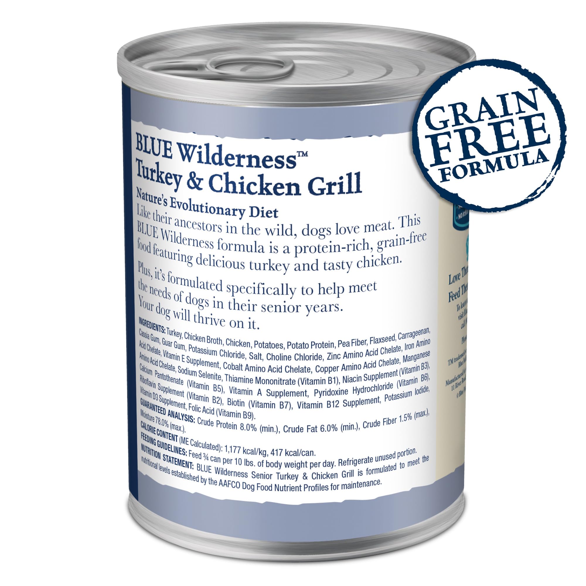 Blue Buffalo Wilderness pour chiens âgés : plat humide sans céréales, digestion facilitée.