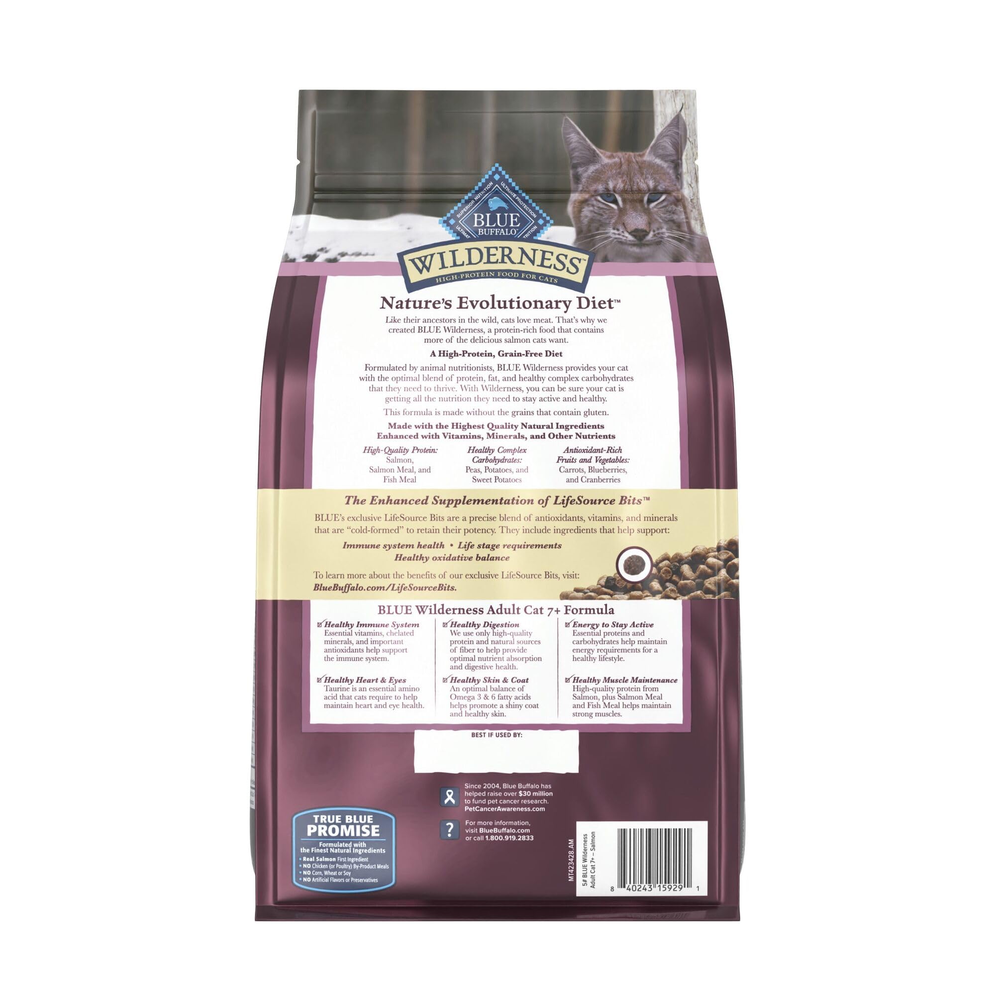 Blue Buffalo Wilderness soutien senior, équilibre protéines et glucides pour les chats âgés.