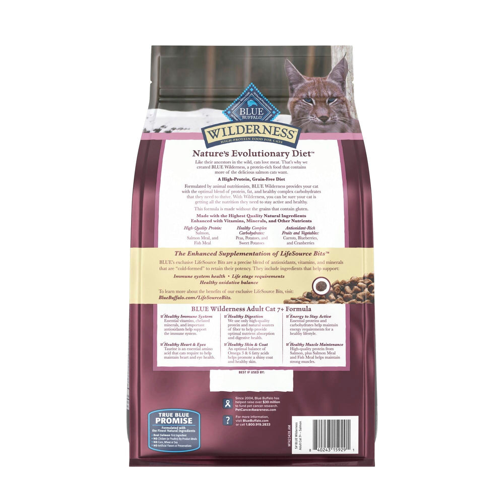 Blue Buffalo Wilderness soutien senior, équilibre protéines et glucides pour les chats âgés.