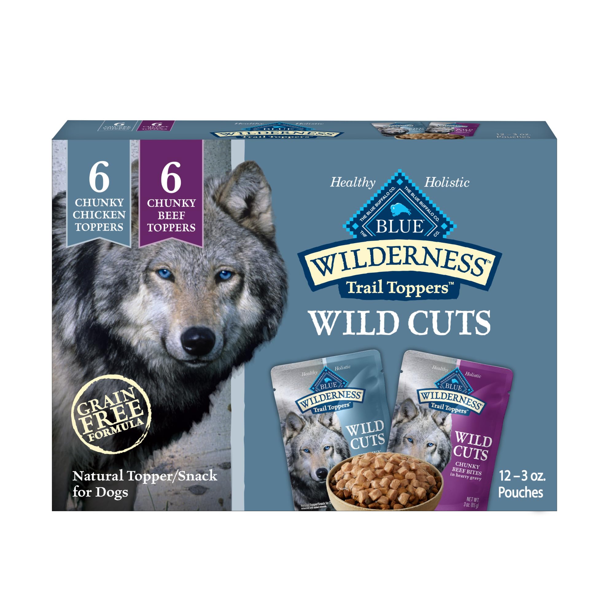 Blue Buffalo Wilderness Trail Toppers bouchées poulet, protéine élevée pour chien actif.