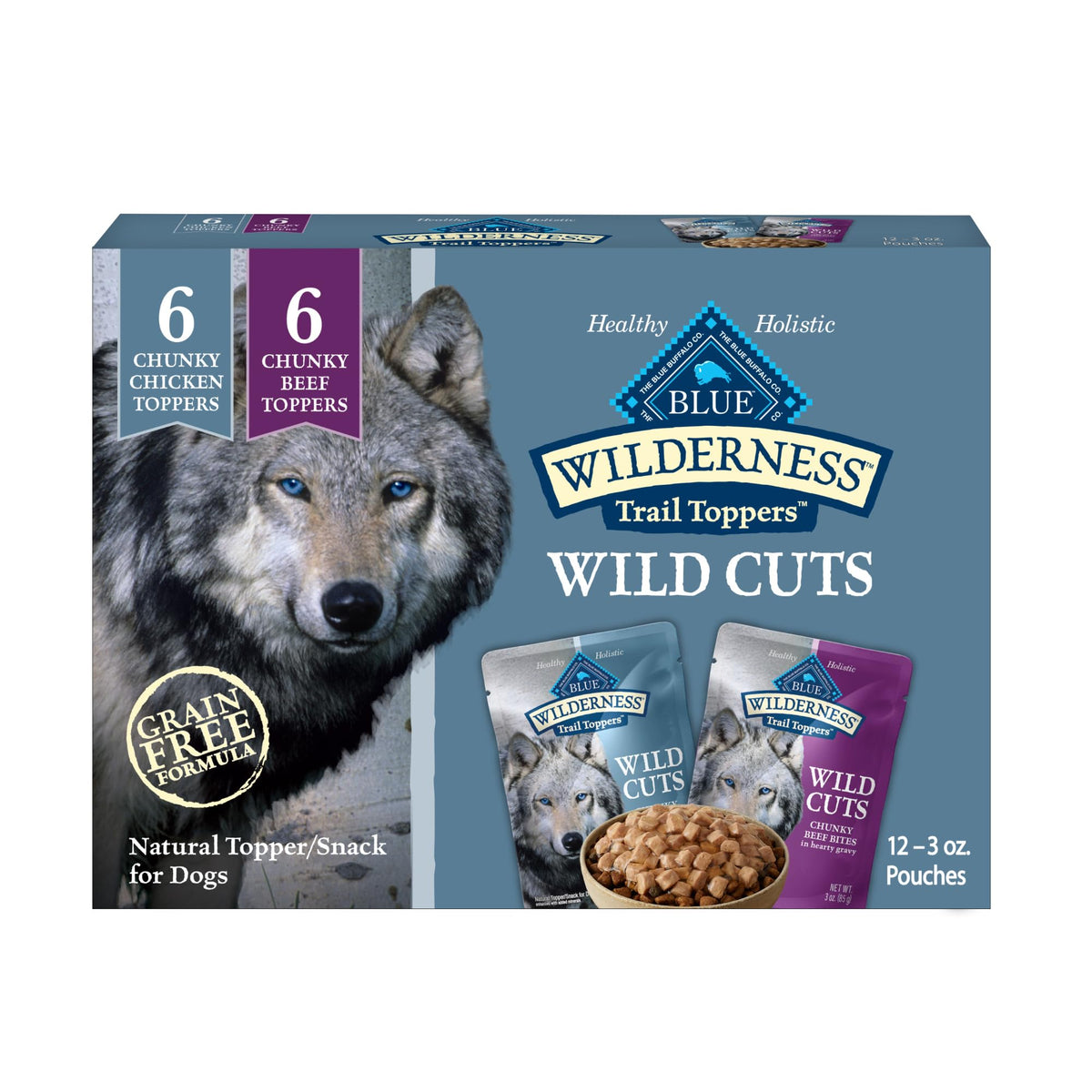 Blue Buffalo Wilderness Trail Toppers bouchées poulet, protéine élevée pour chien actif.