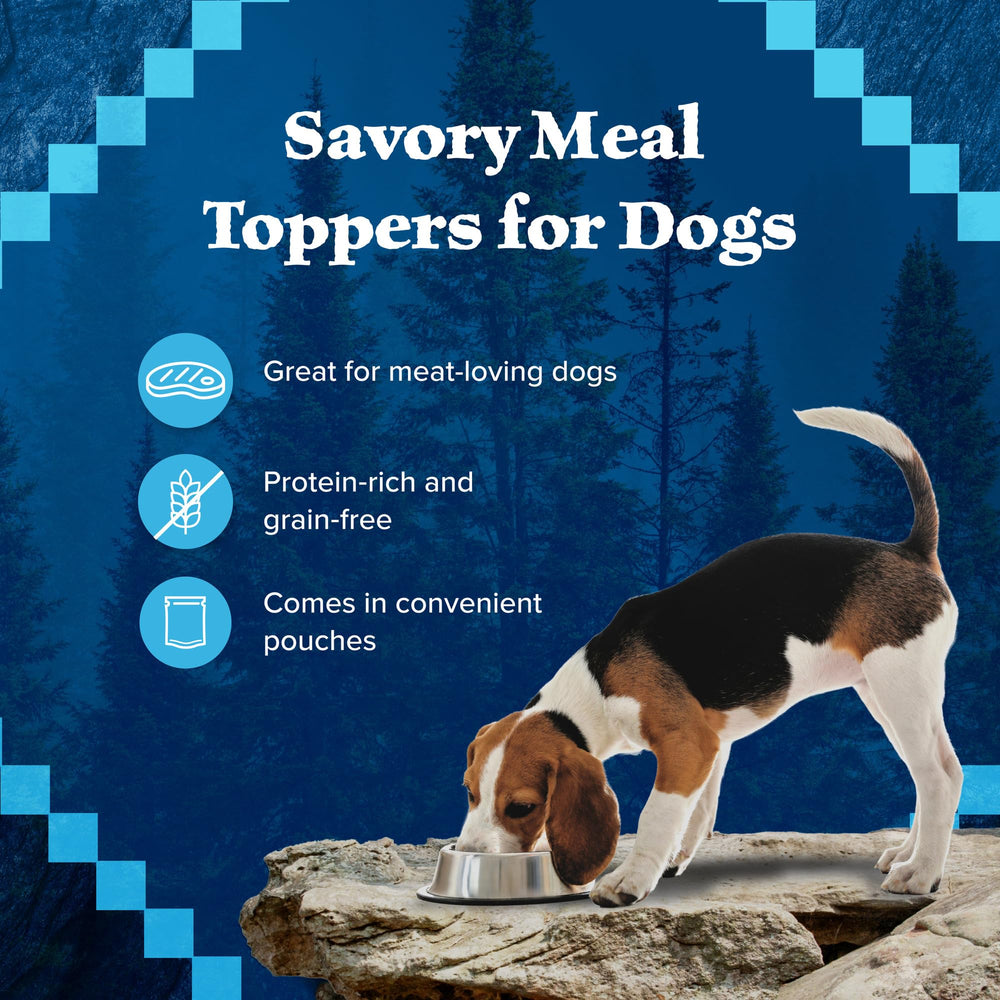 Blue Buffalo Wilderness Trail Toppers sachets 3oz boeuf, texture appétissante et facile.