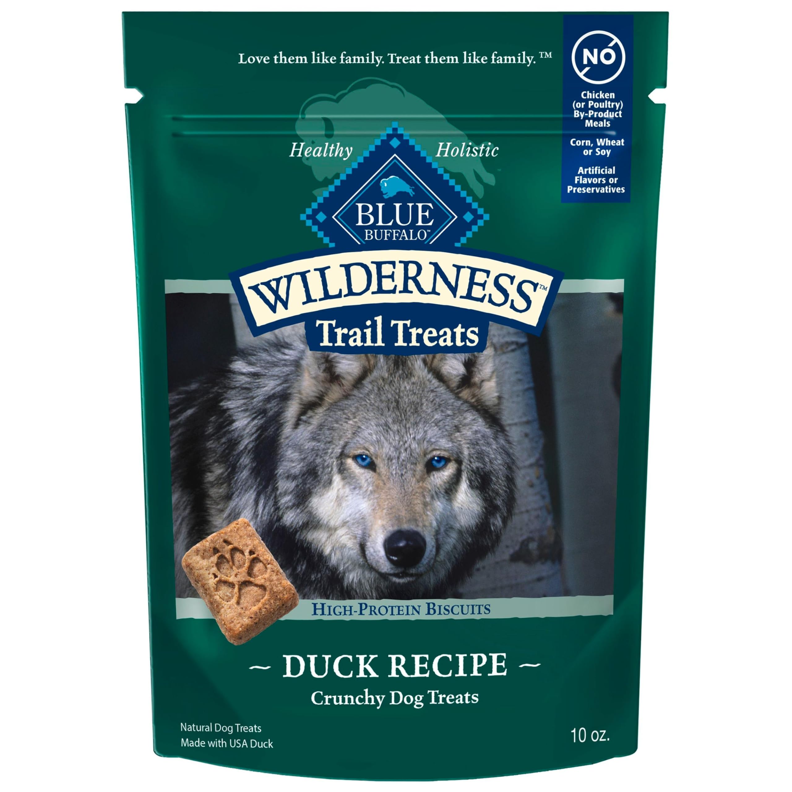 Blue Buffalo Wilderness Trail Treats premier ingrédient canard, récompense naturelle pour chiens gourmets.