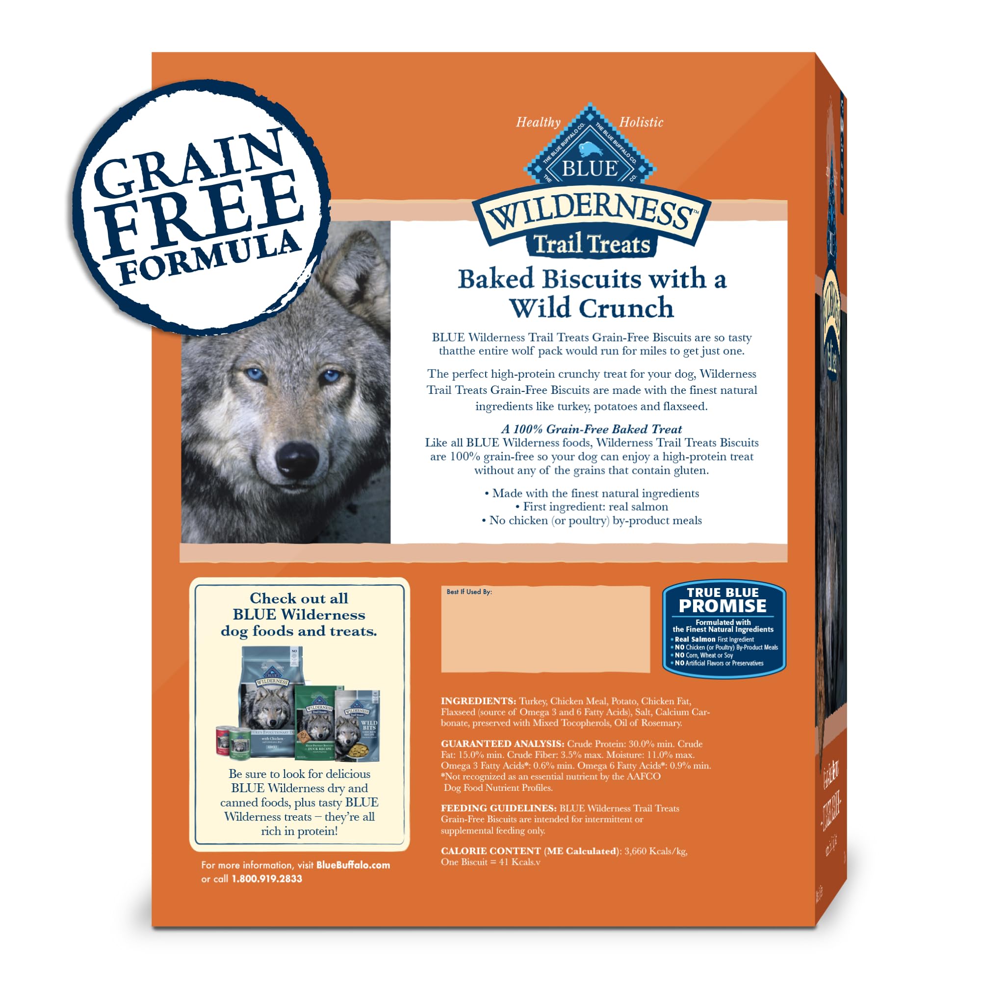 Blue Buffalo Wilderness — biscuits croquants sans céréales, adaptés aux chiens sensibles.