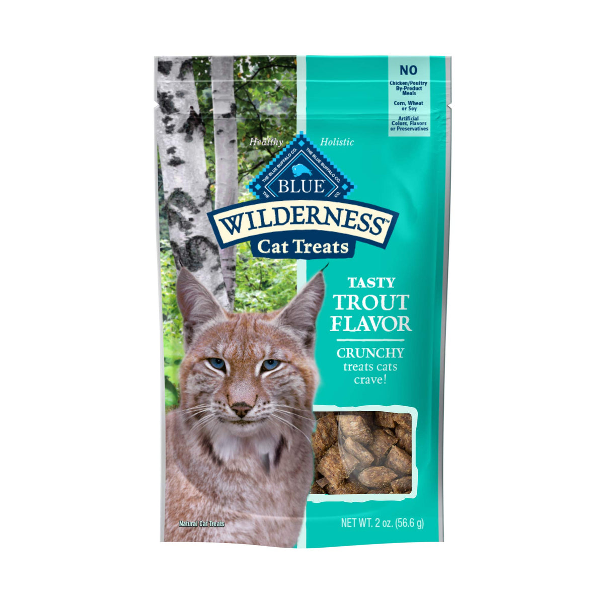 Blue Buffalo Wilderness friandises à la truite croquantes pour chat, saveur naturelle et protéinée.