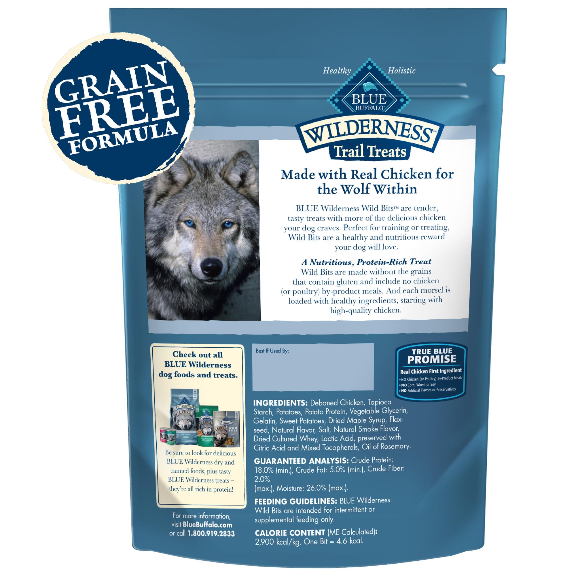 Blue Buffalo Wilderness Wild Bits sans céréales, idéal pour chiens sensibles.