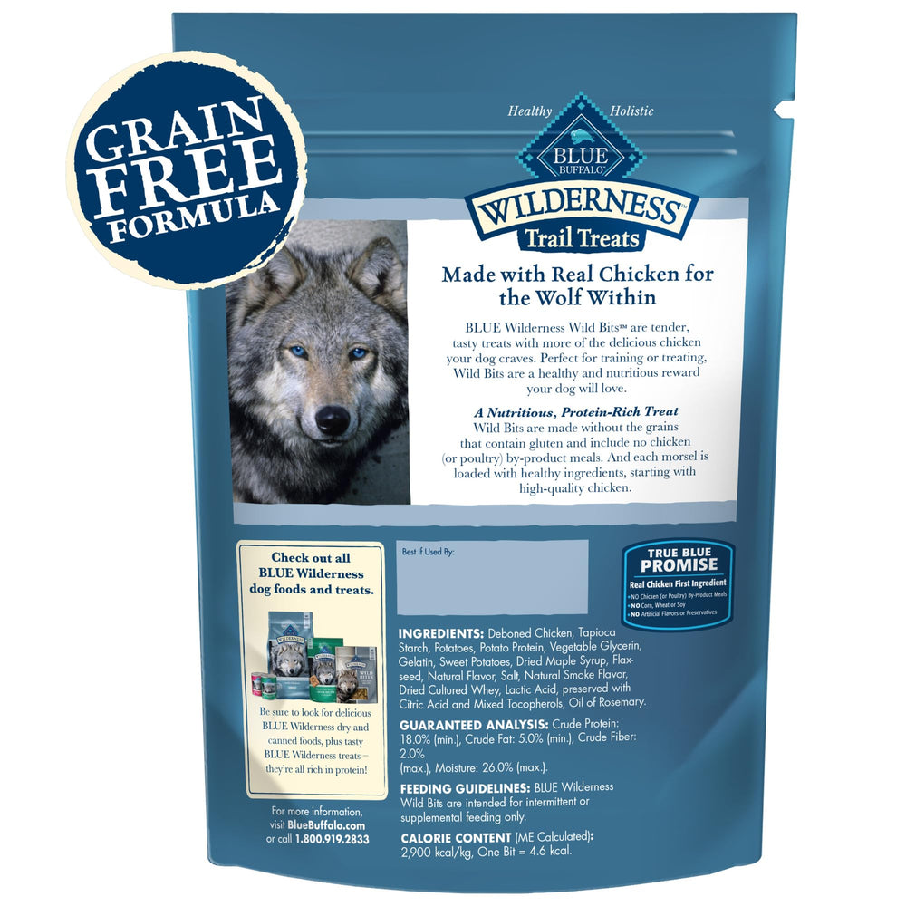 Blue Buffalo Wilderness Wild Bits sans céréales, idéal pour chiens sensibles.
