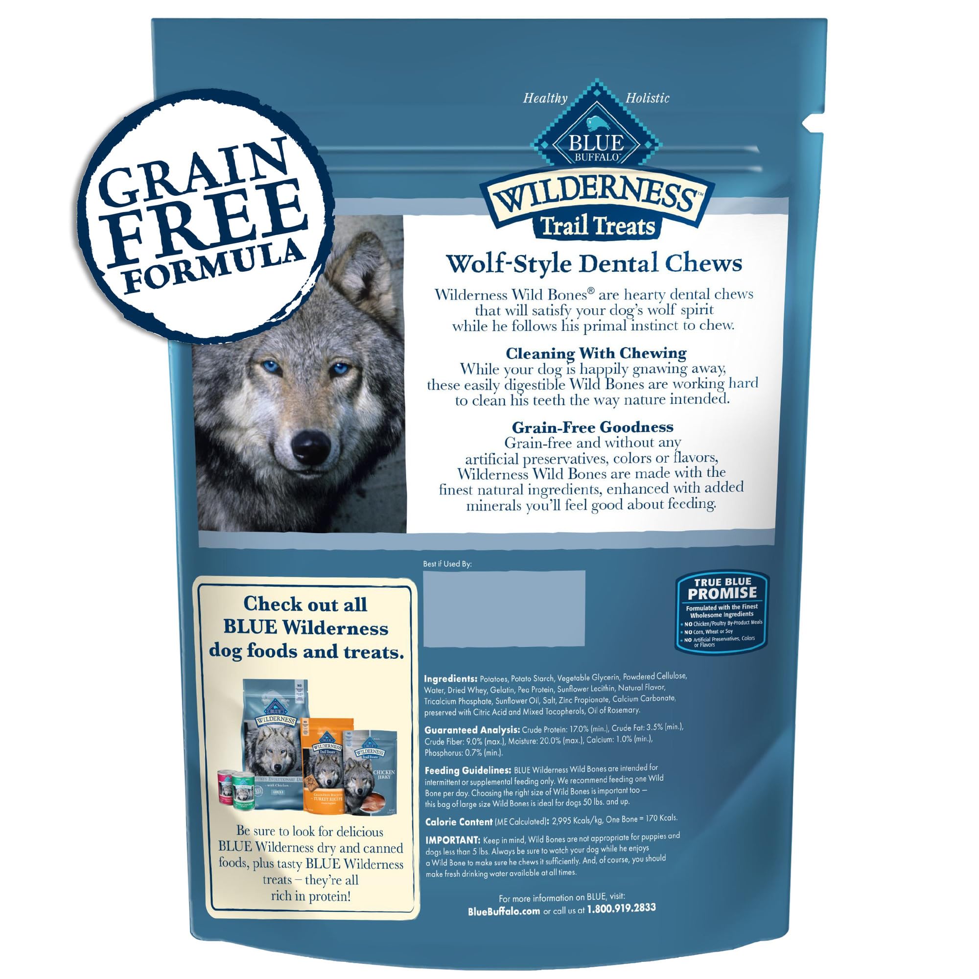Blue Buffalo Wilderness Wild Bones Mini – emballage visible, récompense quotidienne pour petit chien.