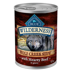 Blue Buffalo Wilderness Wolf Creek Stew avec boeuf en gravy, repas savoureux pour chien actif.