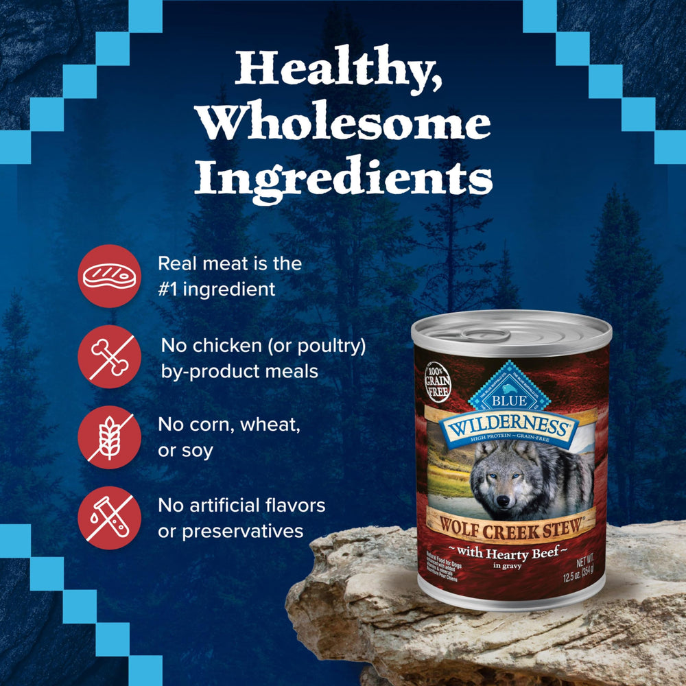 Blue Buffalo Wilderness Wolf Creek Stew emballage 12,5 oz, pratique et clair.