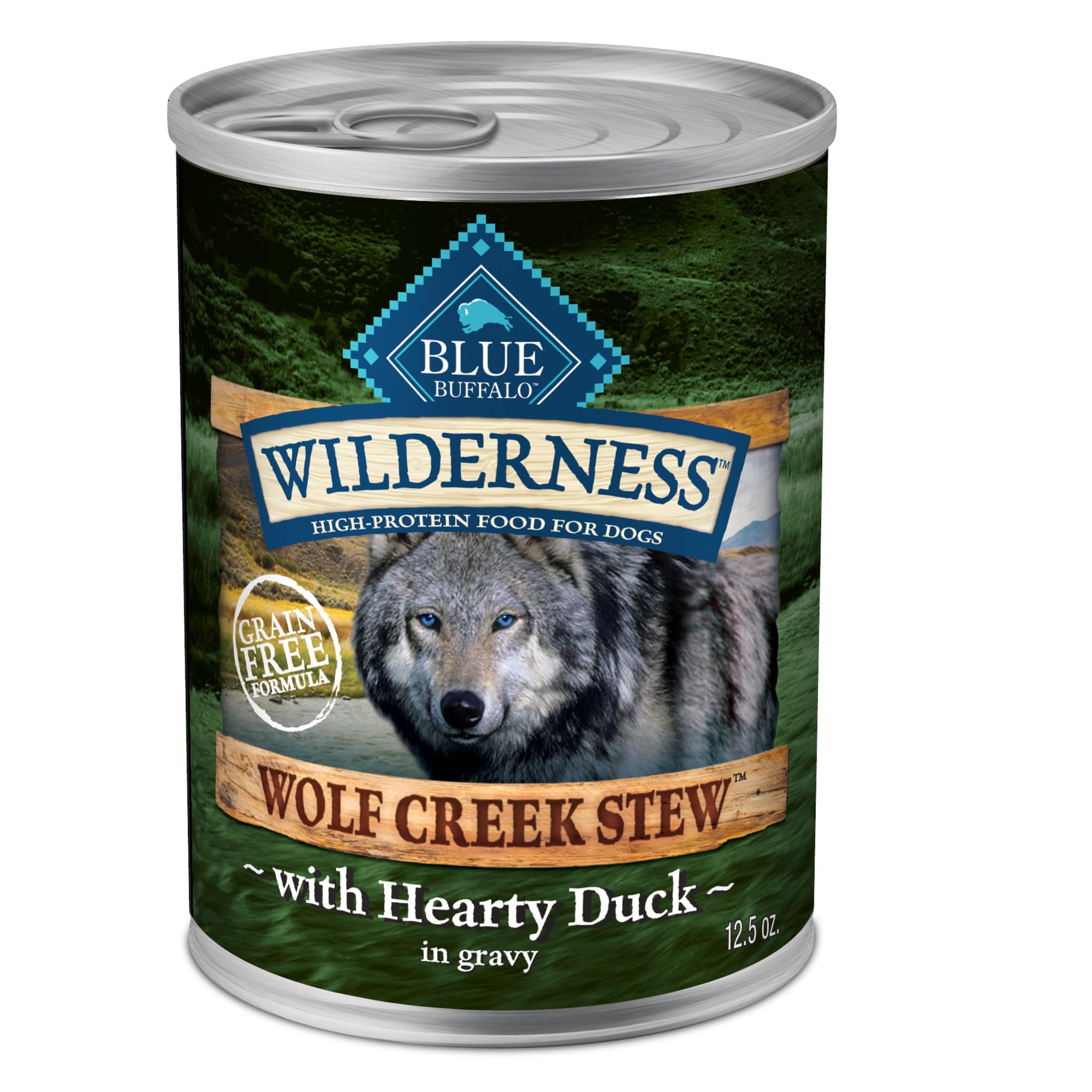 Blue Buffalo Wilderness Wolf Creek Stew – emballage affichant les ingrédients naturels pour chien.