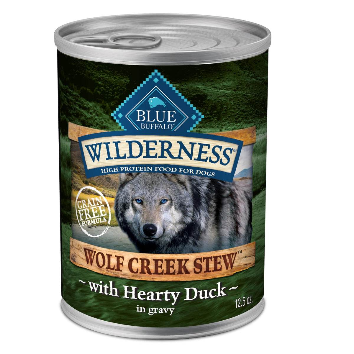 Blue Buffalo Wilderness Wolf Creek Stew – emballage affichant les ingrédients naturels pour chien.