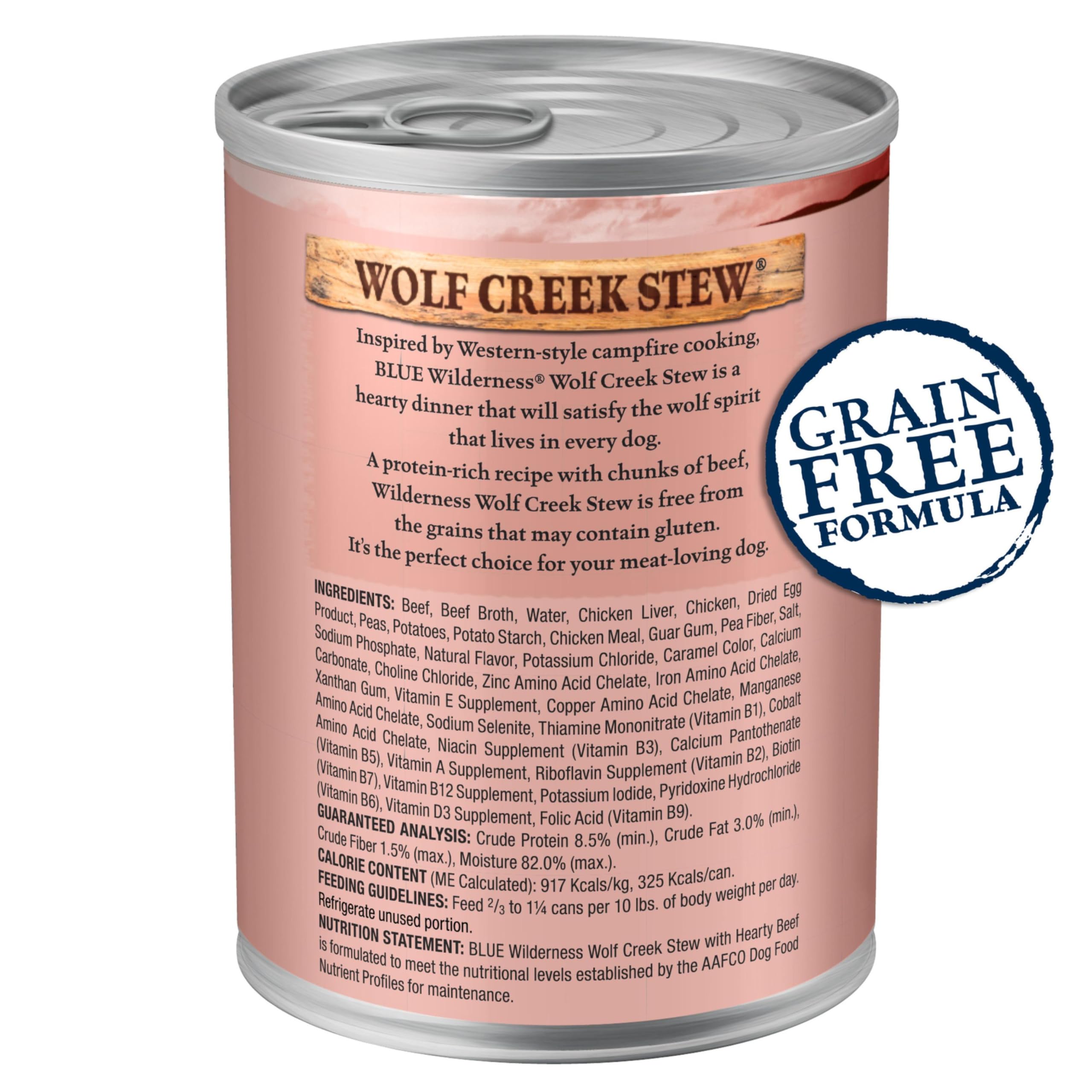 Blue Buffalo Wilderness Wolf Creek Stew avec morceaux de boeuf premium pour chien gourmand.