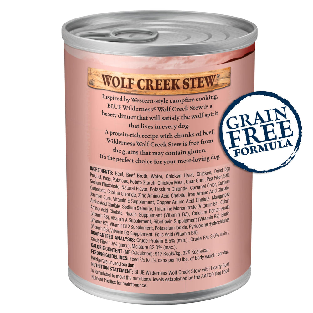 Blue Buffalo Wilderness Wolf Creek Stew avec morceaux de boeuf premium pour chien gourmand.