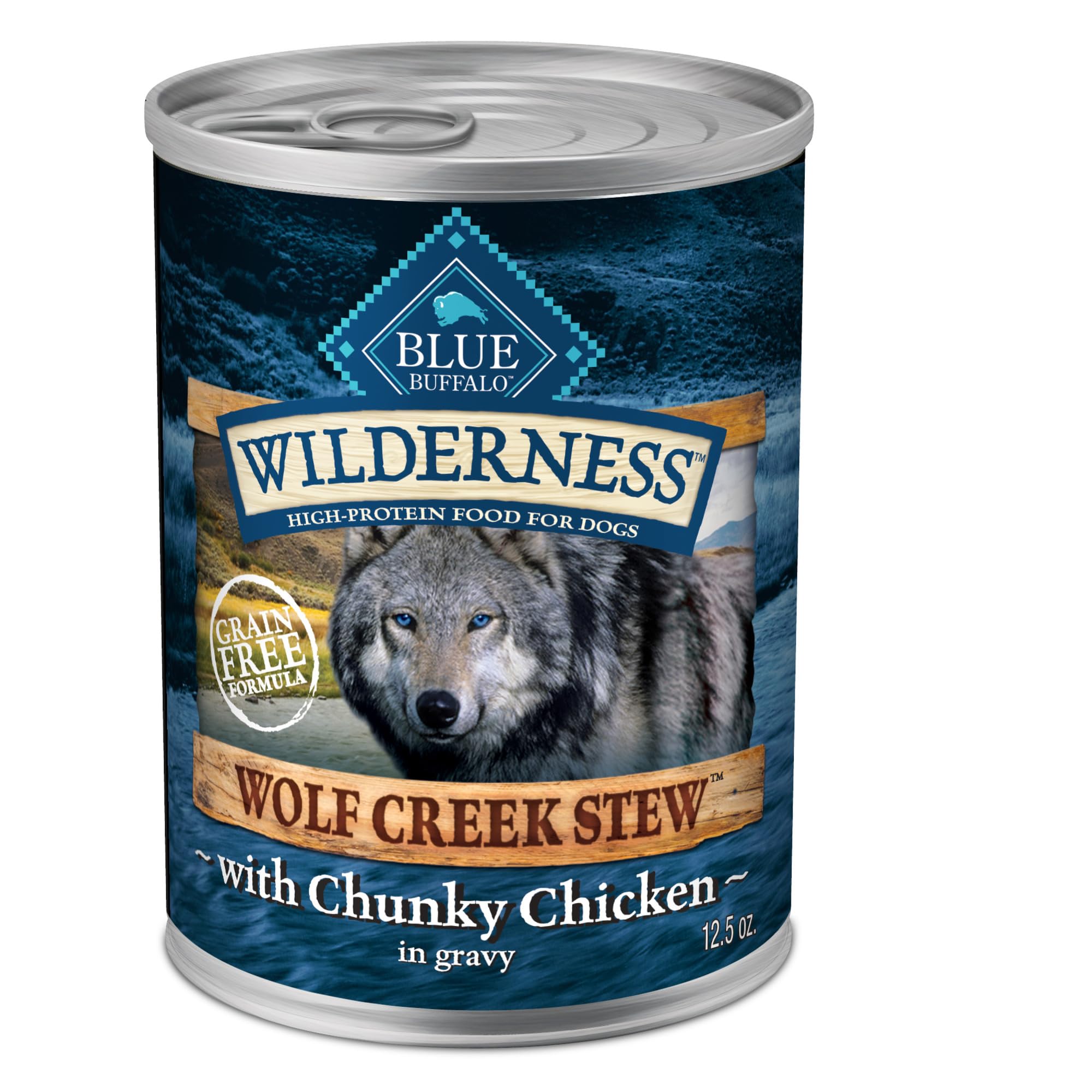 Blue Buffalo Wilderness Wolf Creek Stew: poulet en jus, pour chien actif et gourmand.