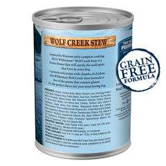 Blue Buffalo Wilderness Wolf Creek Stew sans cereales, idéale pour chiens sensibles.