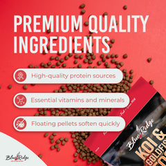 Blue Ridge Koi Food – nourriture en granulés flottants adaptée au bassin.