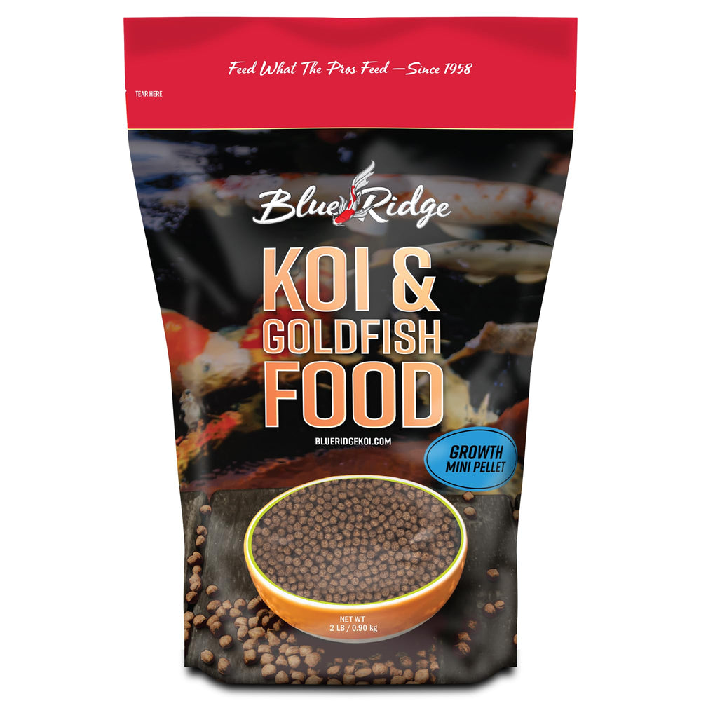 Blue Ridge Koi Food emballage avec pellets flottants, alimentation pratique pour koï et goldfish.