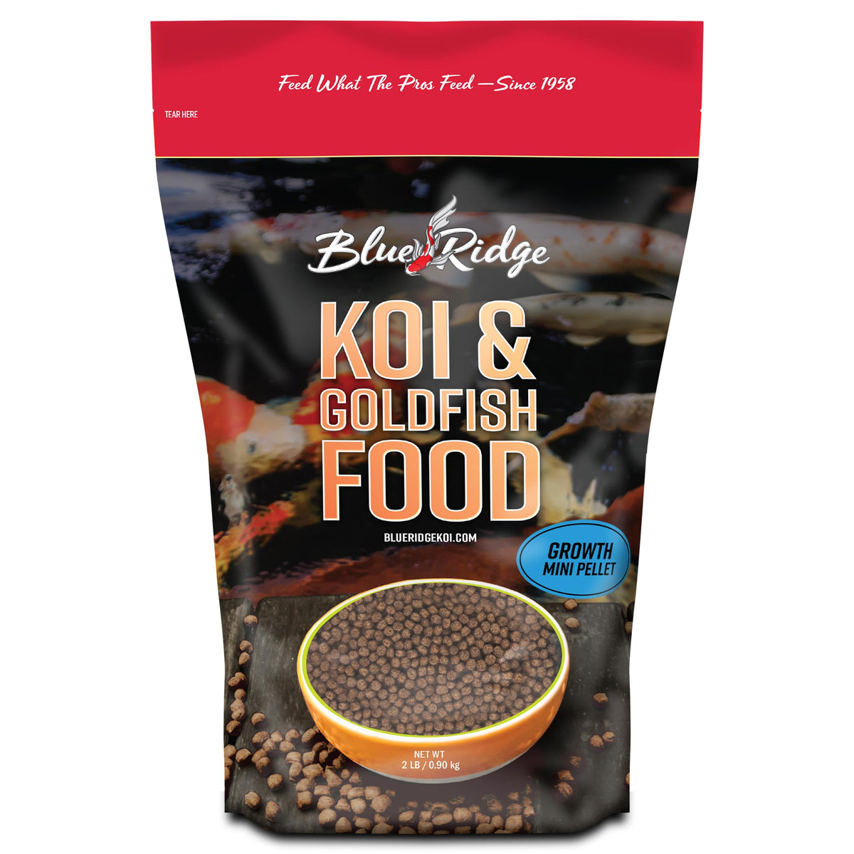 Blue Ridge Koi Food emballage avec pellets flottants, alimentation pratique pour koï et goldfish.