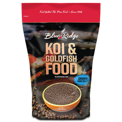 Blue Ridge Koi Food emballage avec pellets flottants, alimentation pratique pour koï et goldfish.