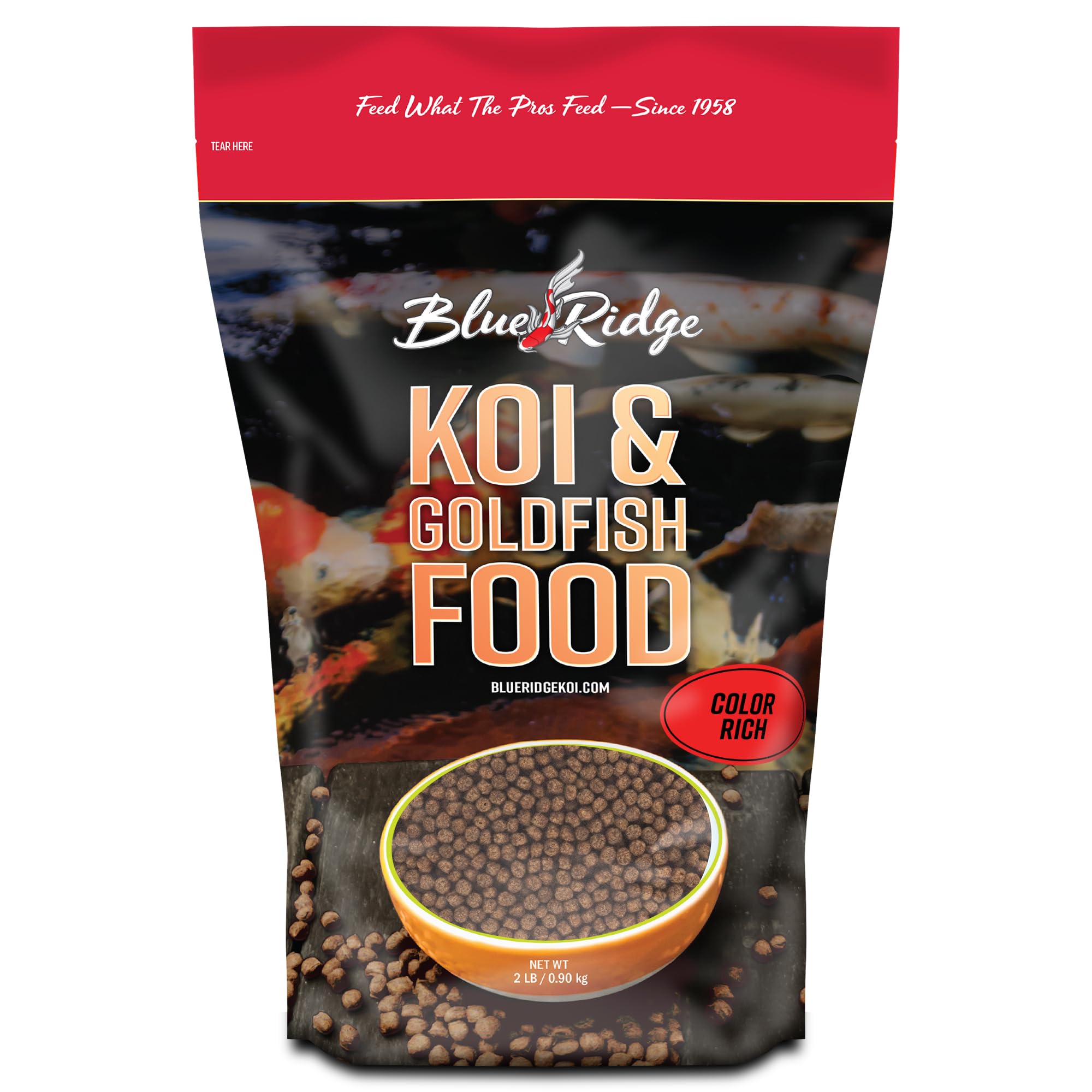 Blue Ridge Koi Food – granulés flottants pour couleur et croissance des koi.