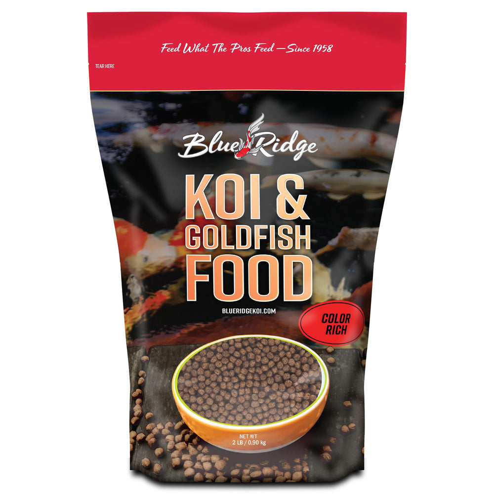 Blue Ridge Koi Food – granulés flottants pour couleur et croissance des koi.