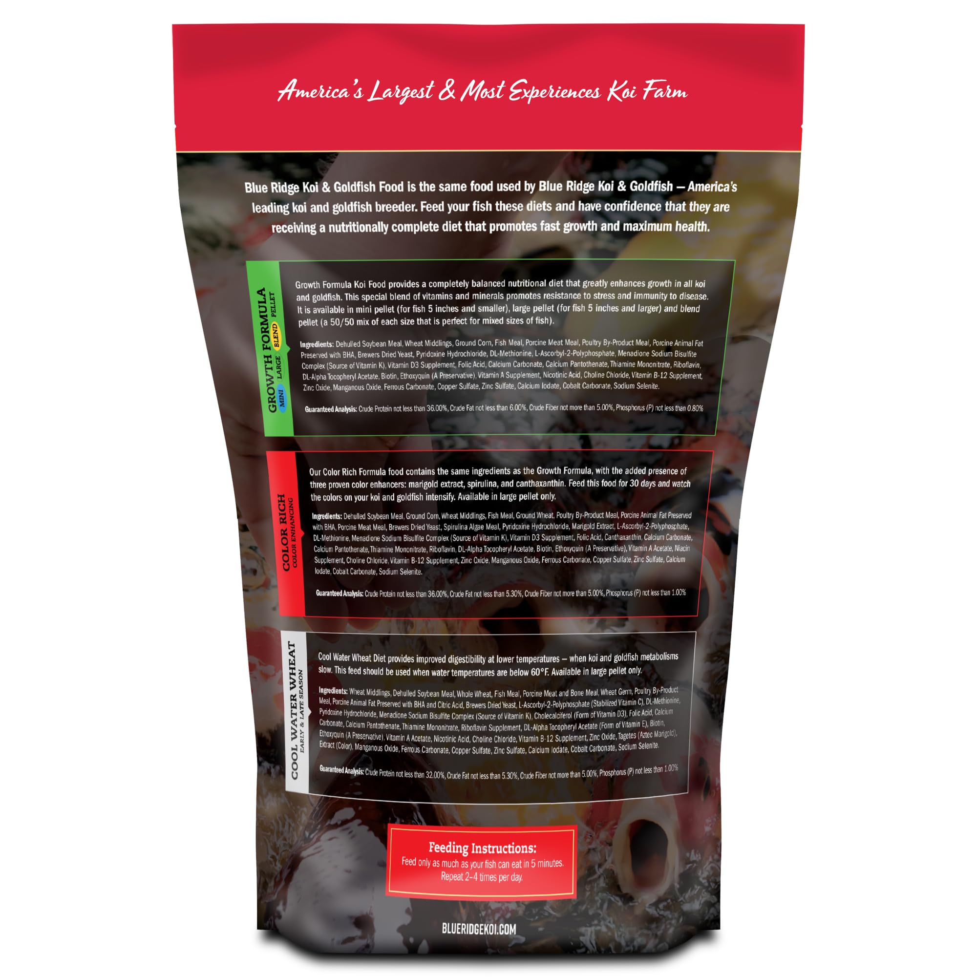 Blue Ridge Koi Food – granulés flottants, formule couleur pour teintes riches.