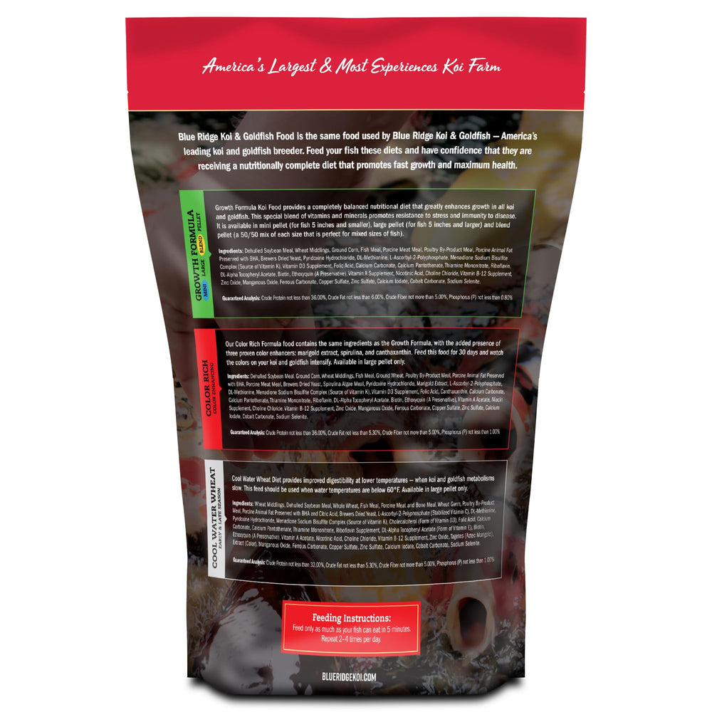 Blue Ridge Koi Food – granulés flottants, formule couleur pour teintes riches.